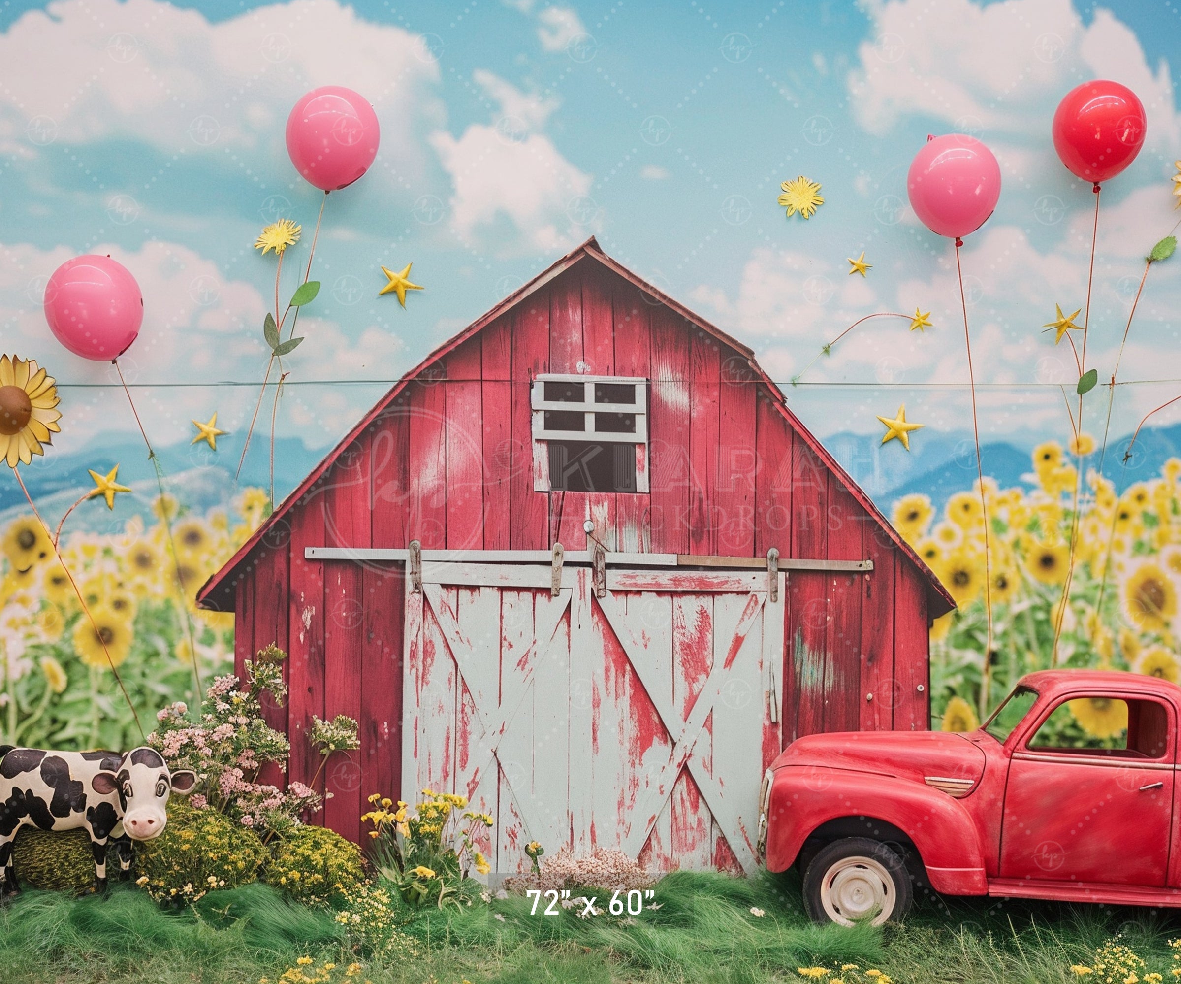 Rustic Red Barn & Sunflower Field Backdrop