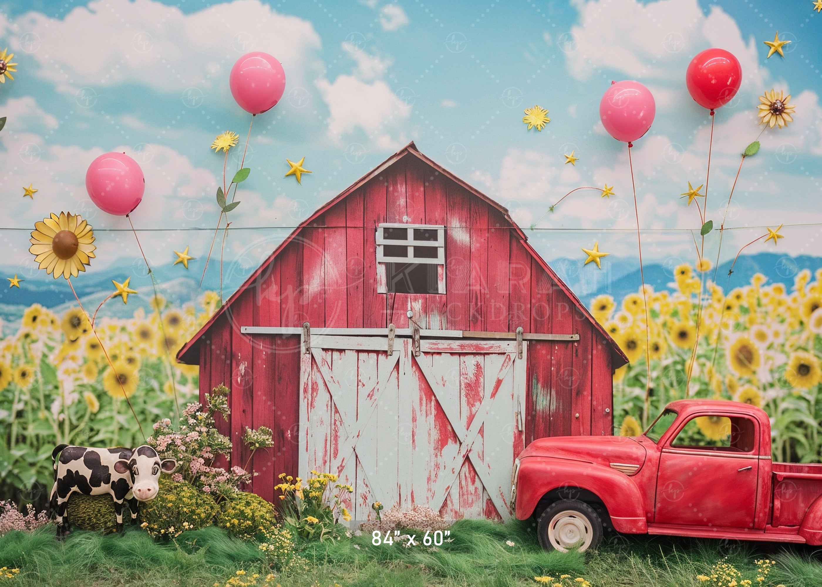 Rustic Red Barn & Sunflower Field Backdrop