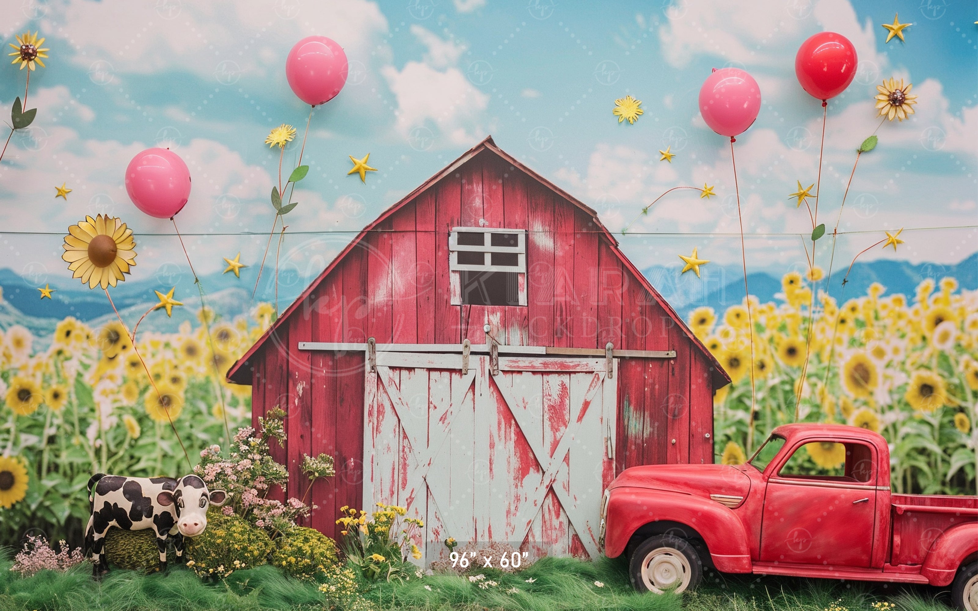 Rustic Red Barn & Sunflower Field Backdrop
