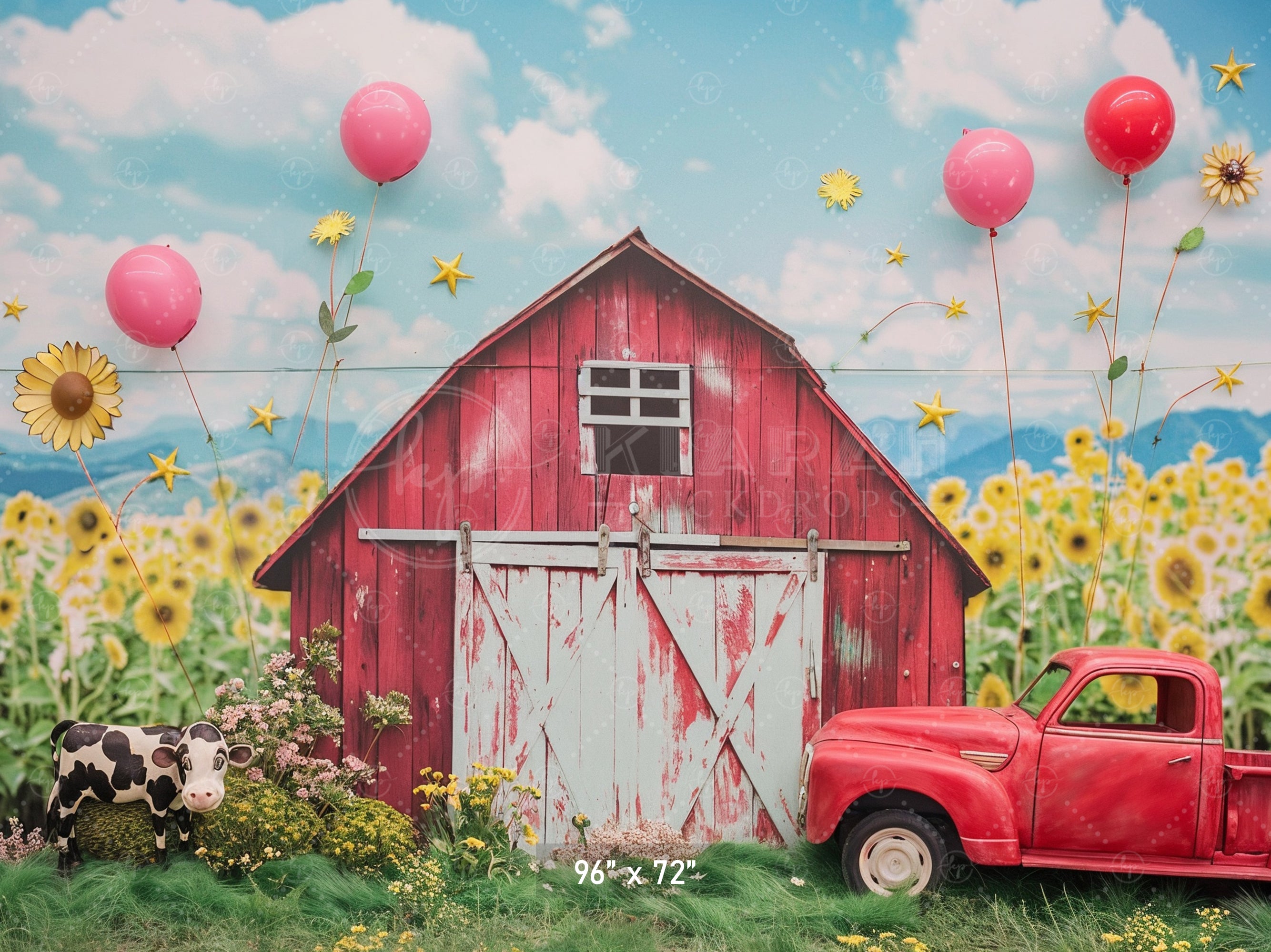 Rustic Red Barn & Sunflower Field Backdrop