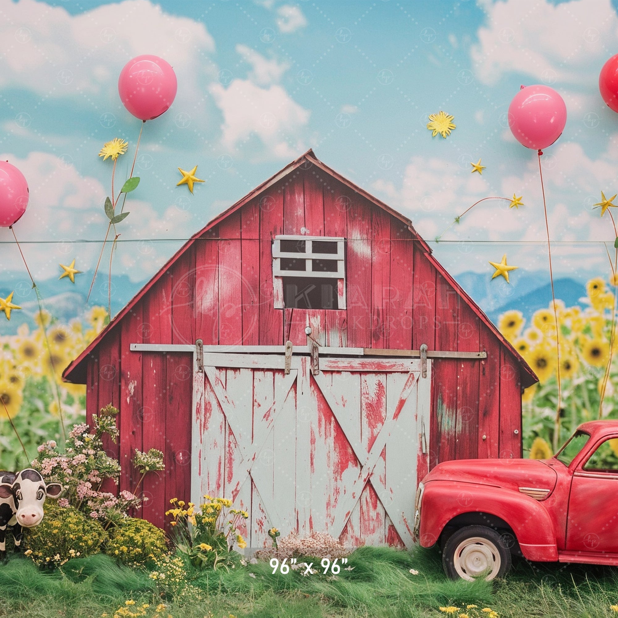 Rustic Red Barn & Sunflower Field Backdrop