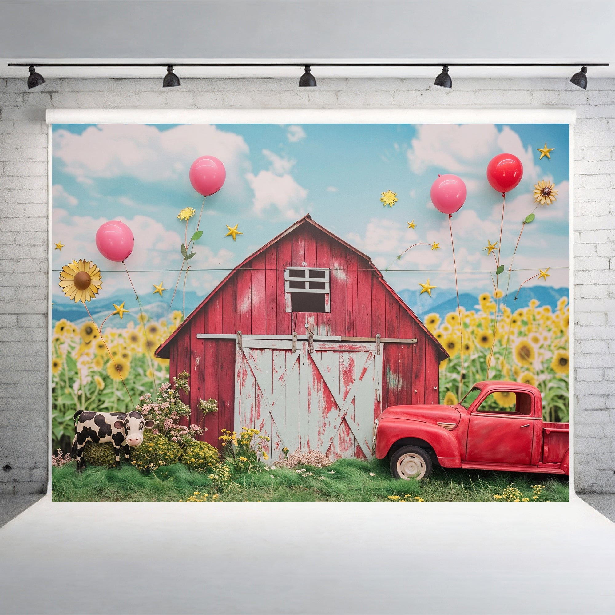 Rustic Red Barn & Sunflower Field Backdrop