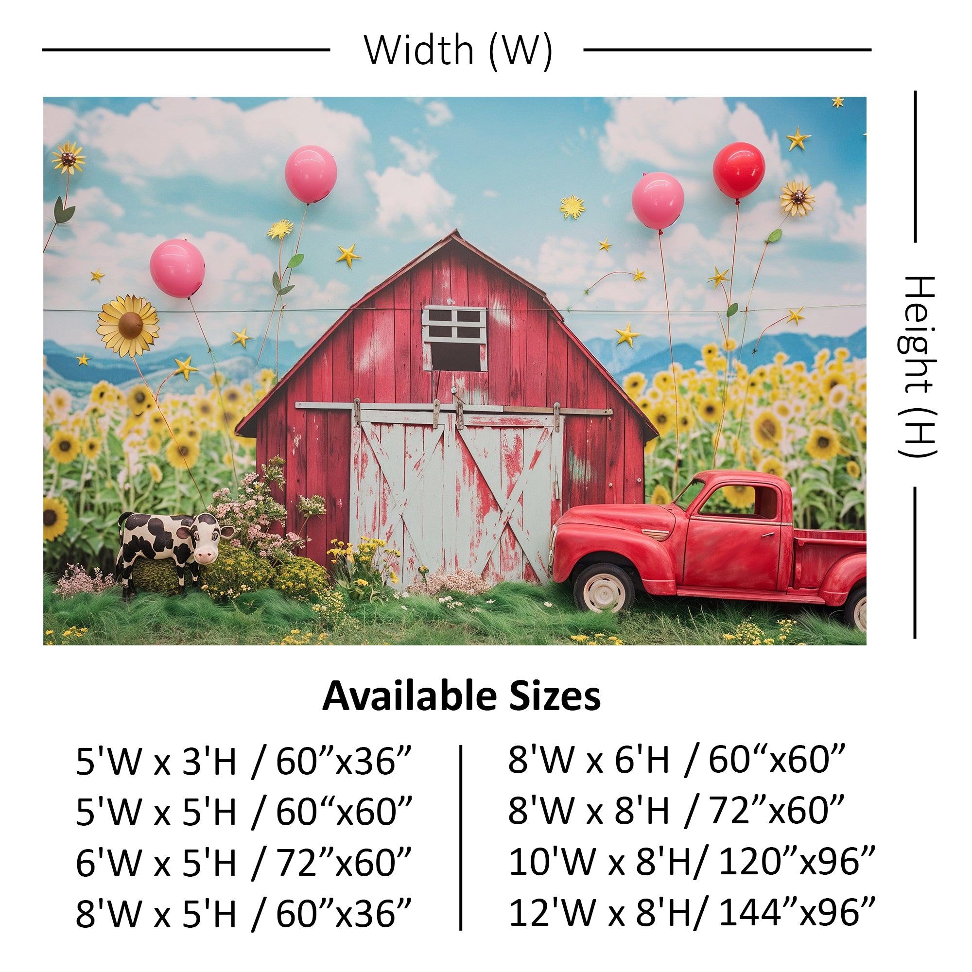 Rustic Red Barn & Sunflower Field Backdrop