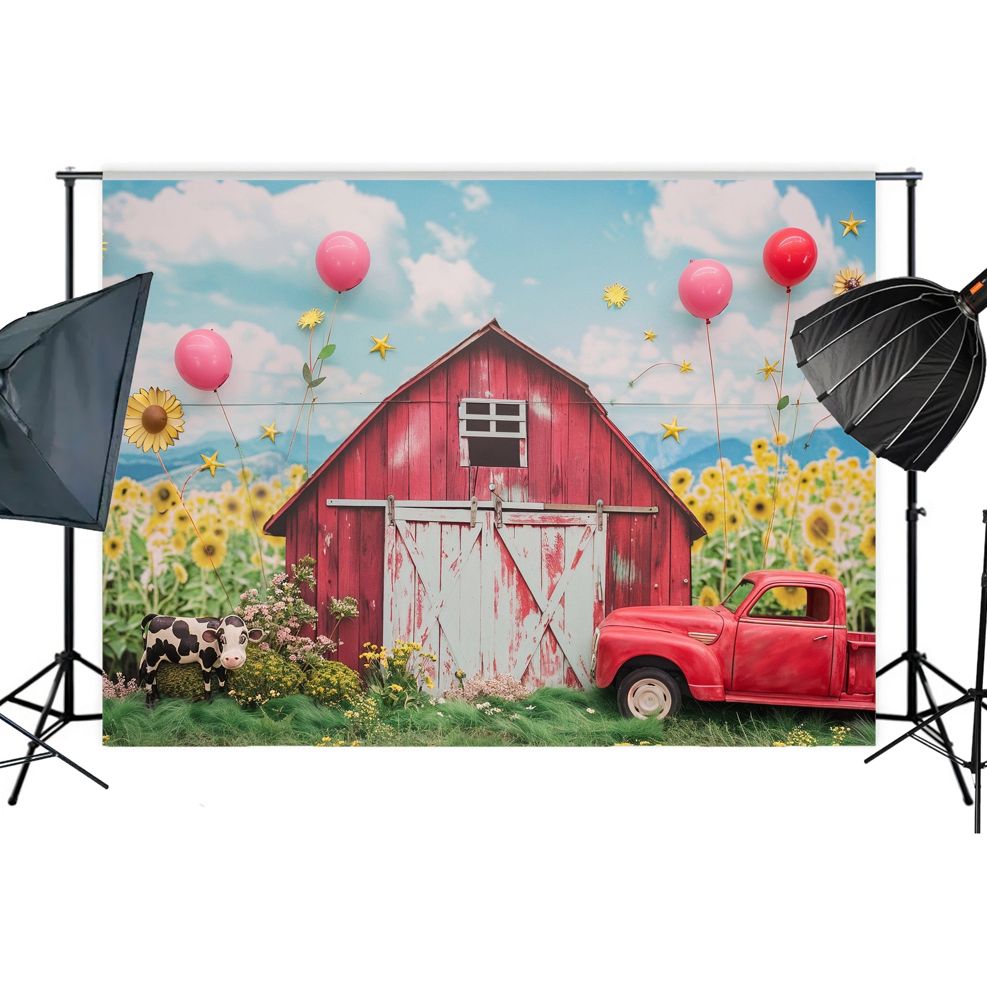 Rustic Red Barn & Sunflower Field Backdrop