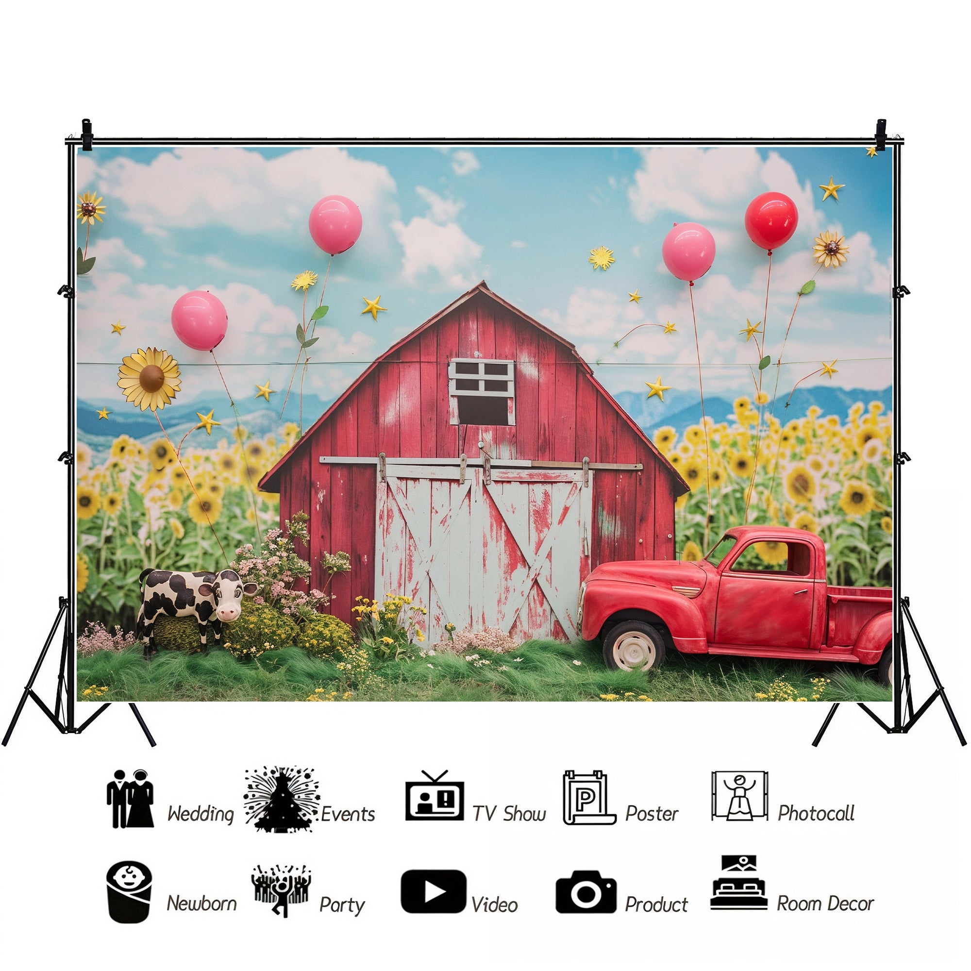 Rustic Red Barn & Sunflower Field Backdrop