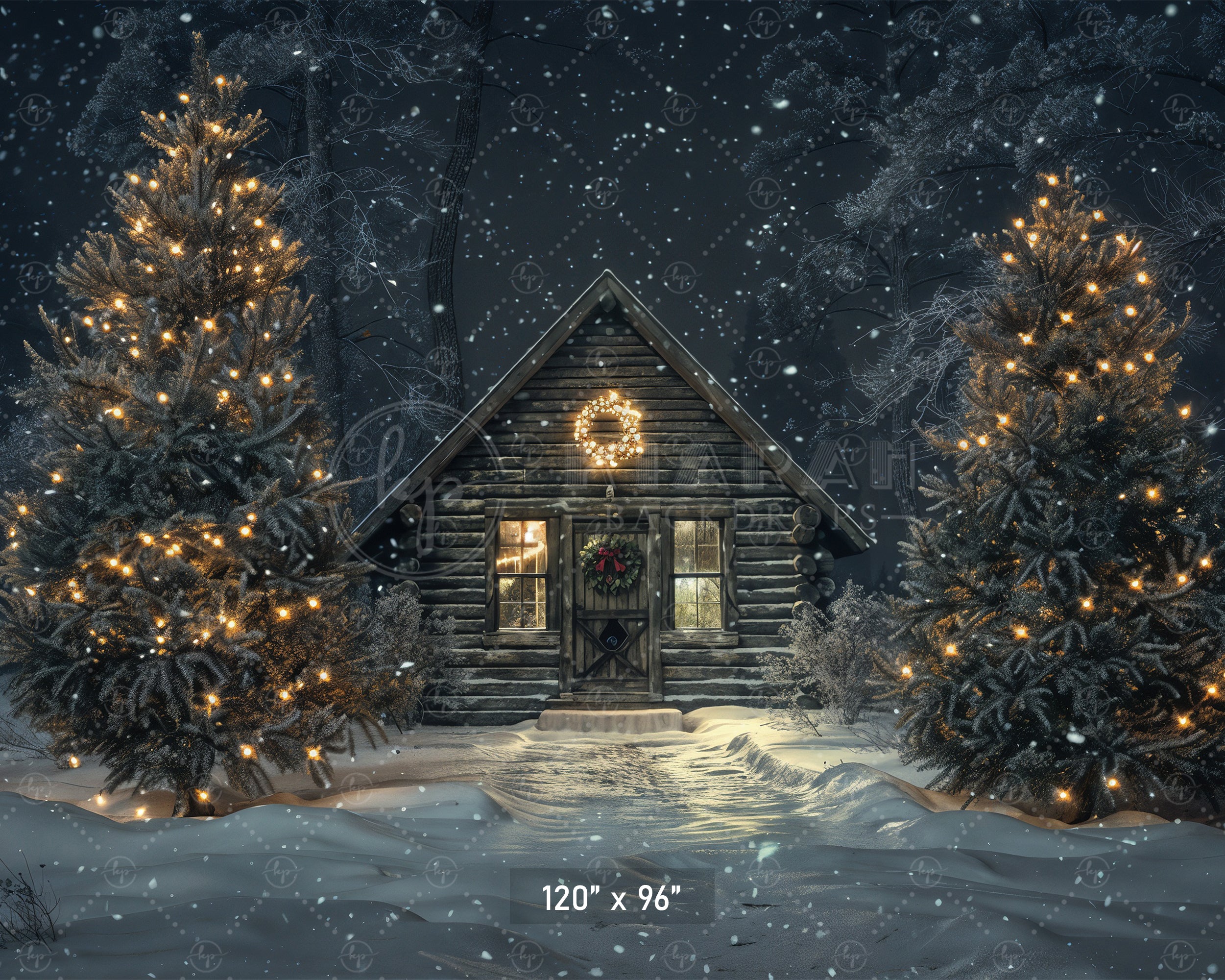 Cozy Cabin Christmas Night Backdrop