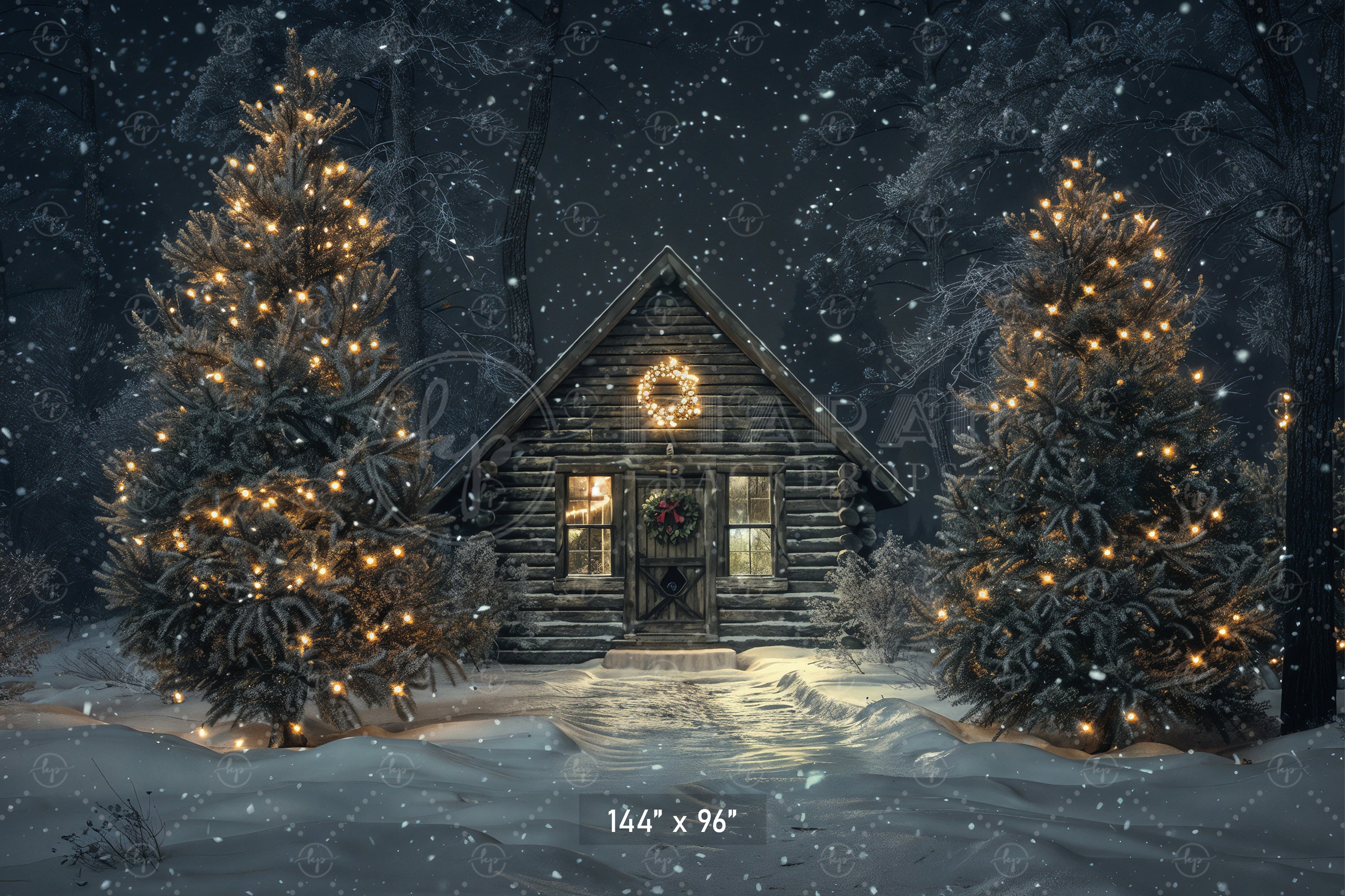 Cozy Cabin Christmas Night Backdrop
