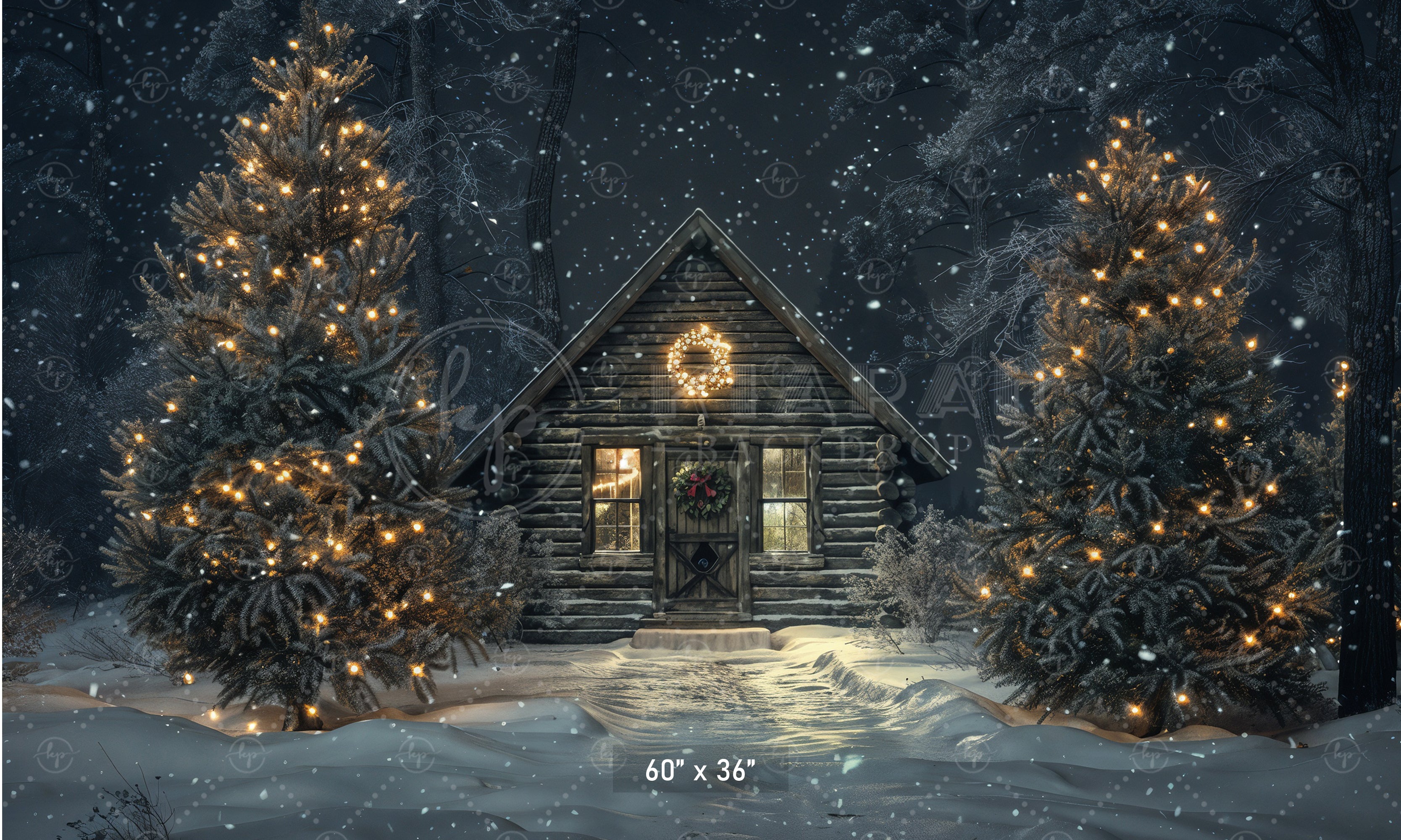 Cozy Cabin Christmas Night Backdrop