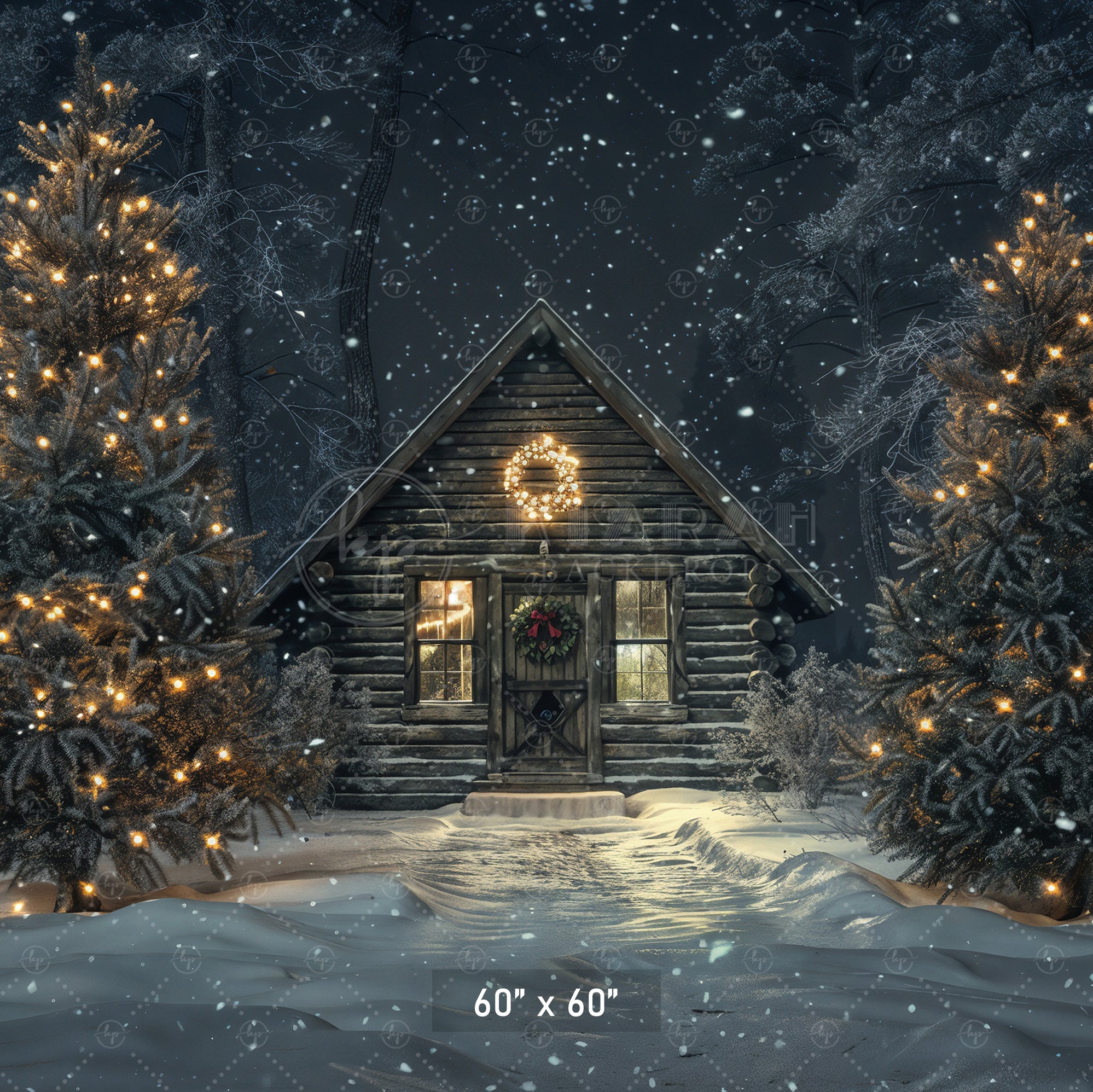 Cozy Cabin Christmas Night Backdrop