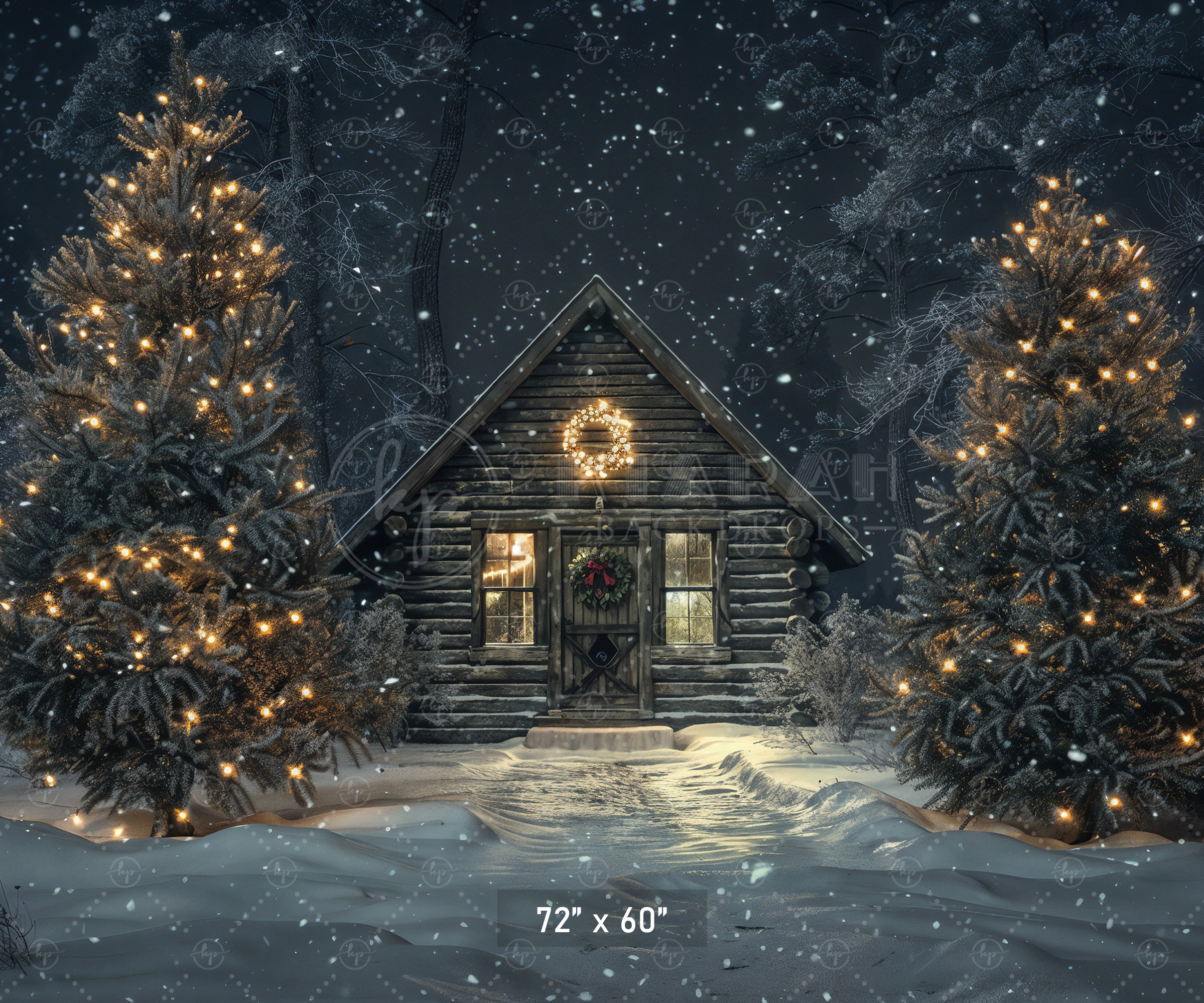 Cozy Cabin Christmas Night Backdrop
