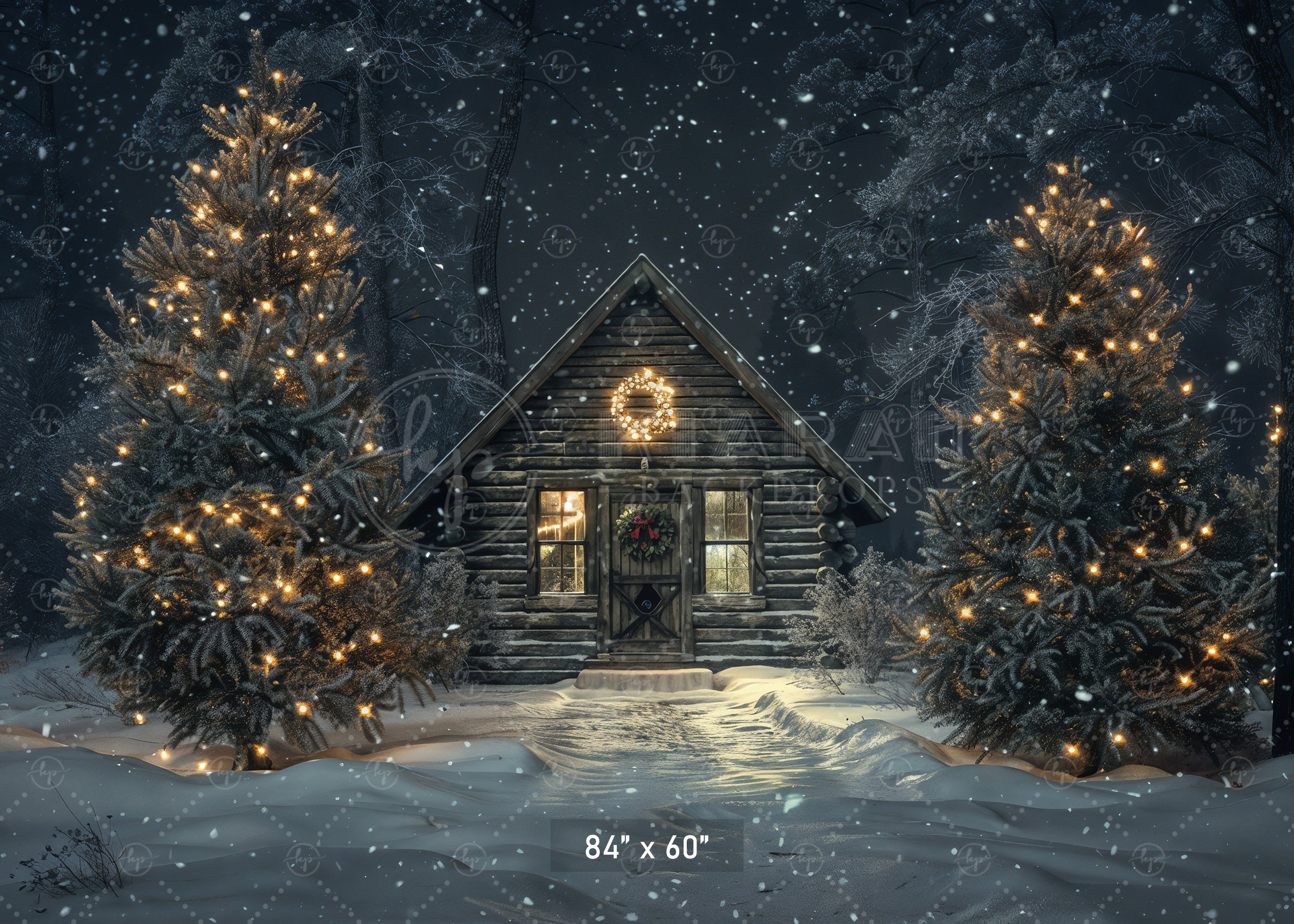 Cozy Cabin Christmas Night Backdrop
