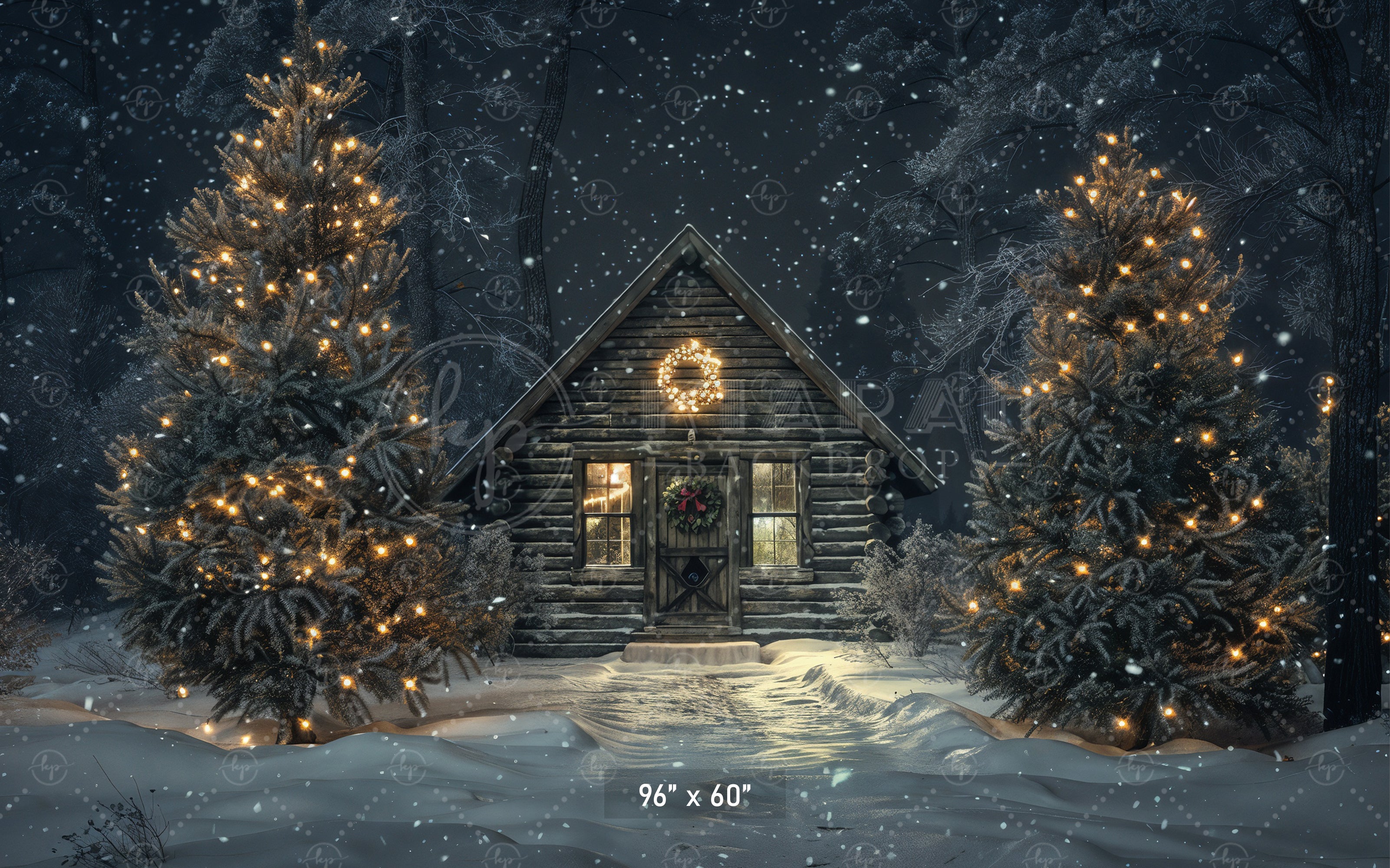 Cozy Cabin Christmas Night Backdrop