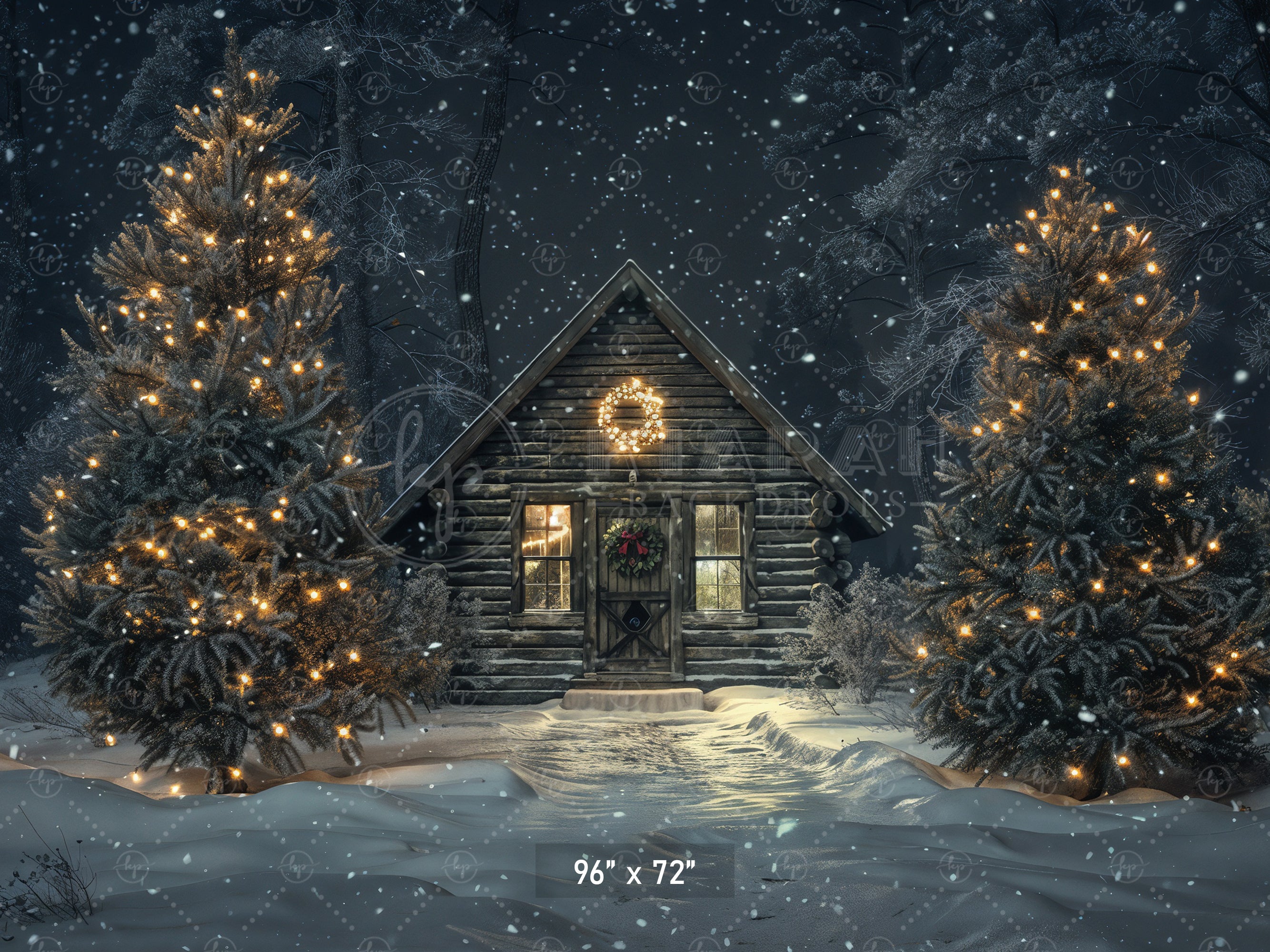 Cozy Cabin Christmas Night Backdrop