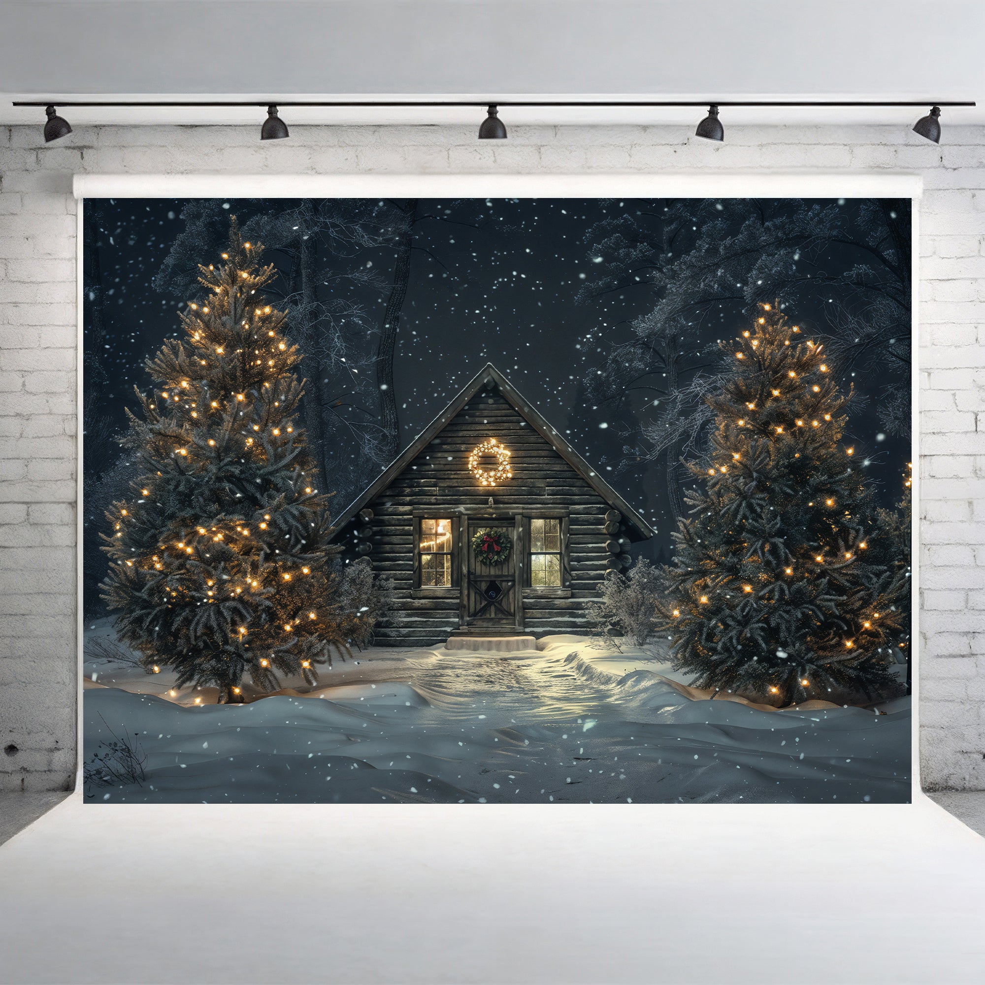 Cozy Cabin Christmas Night Backdrop