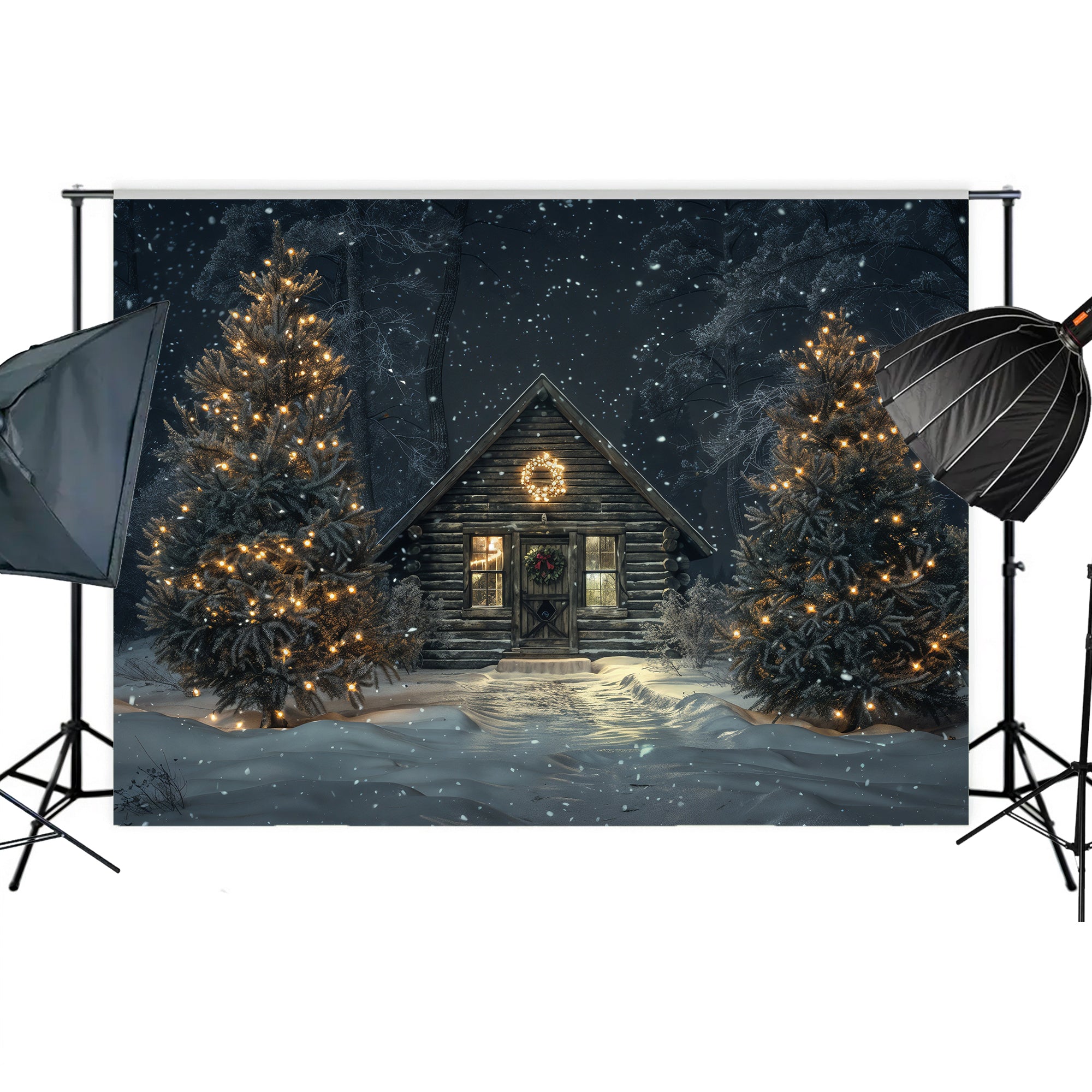 Cozy Cabin Christmas Night Backdrop