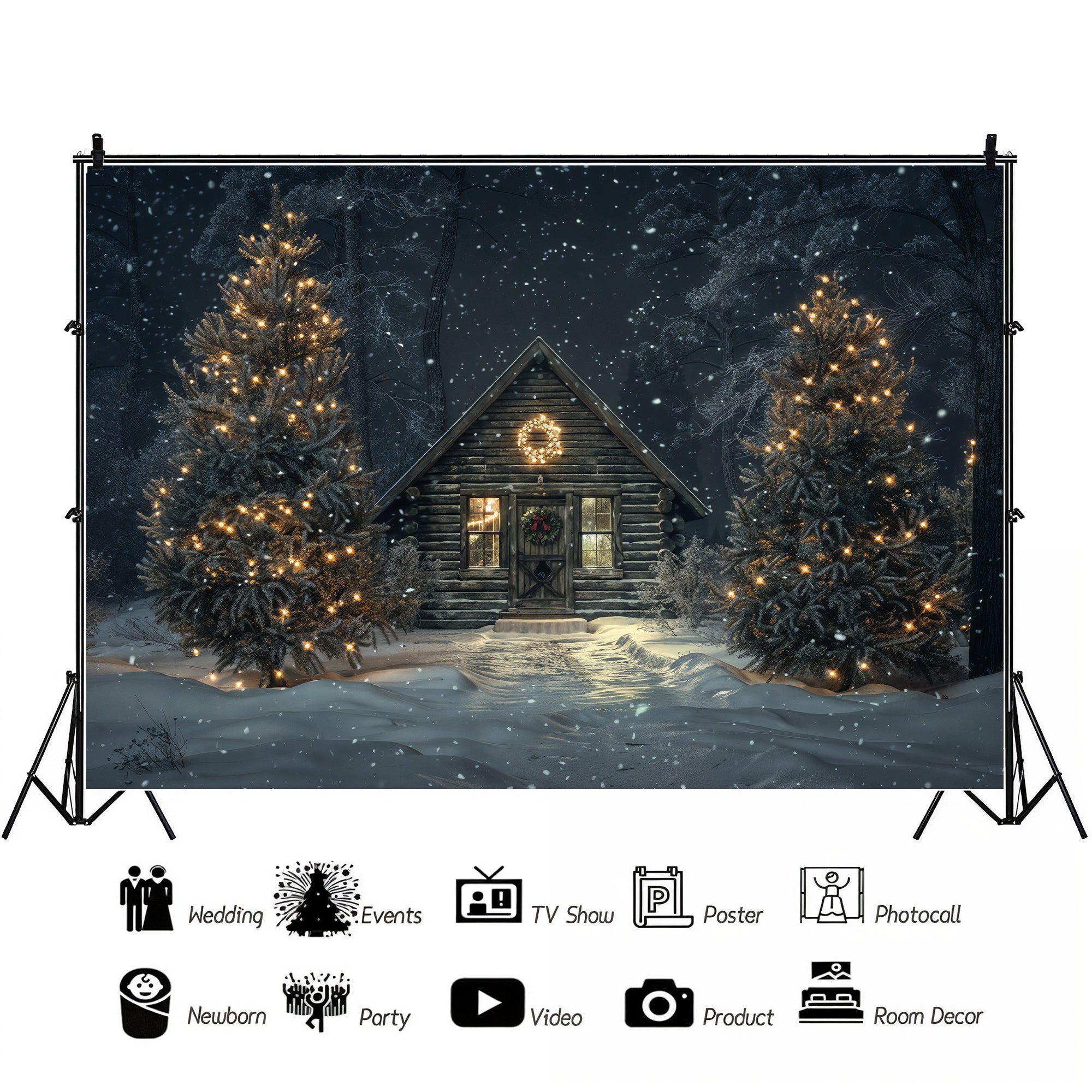 Cozy Cabin Christmas Night Backdrop