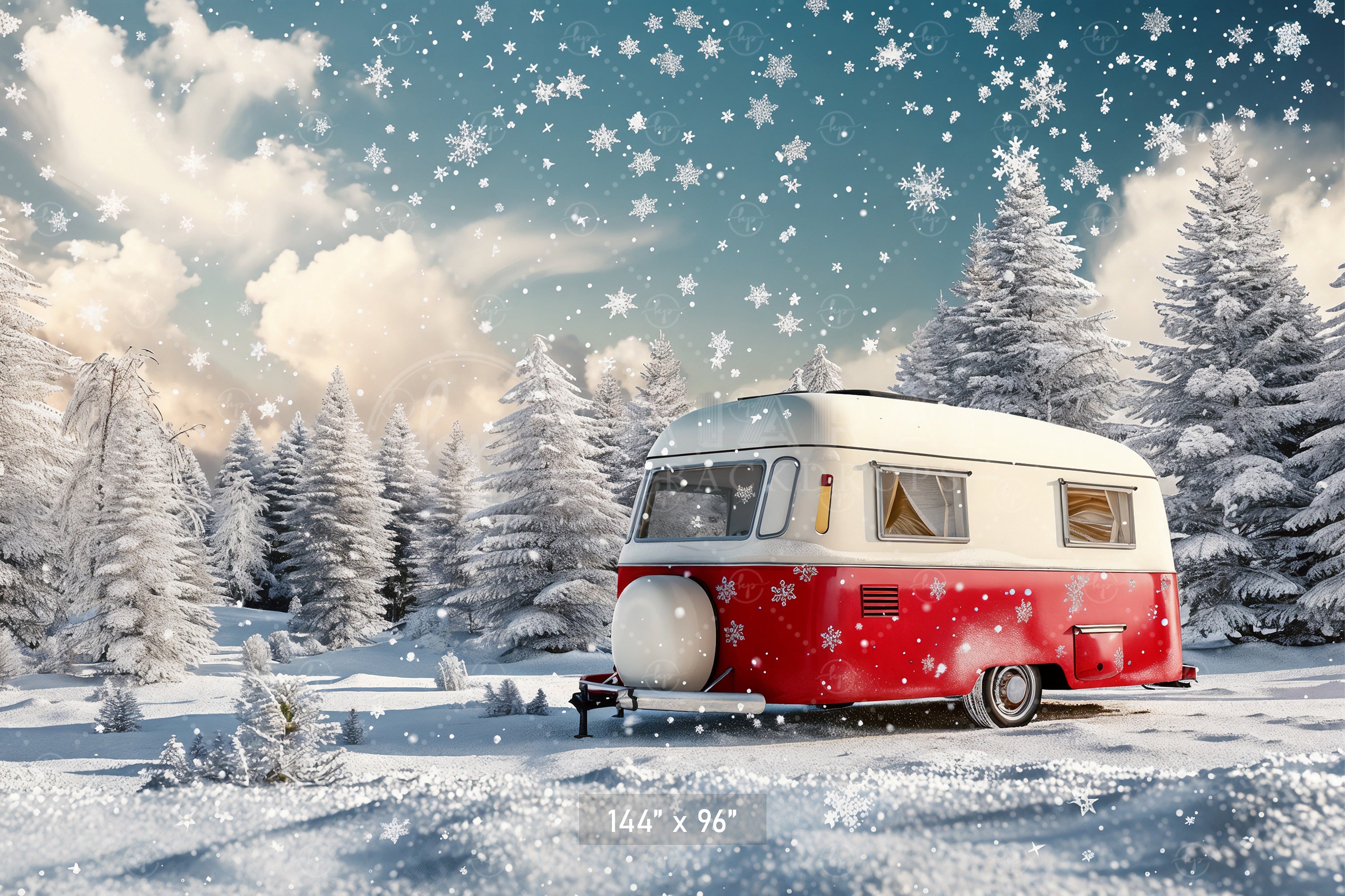 Snowy Camper Christmas Wonderland Backdrop