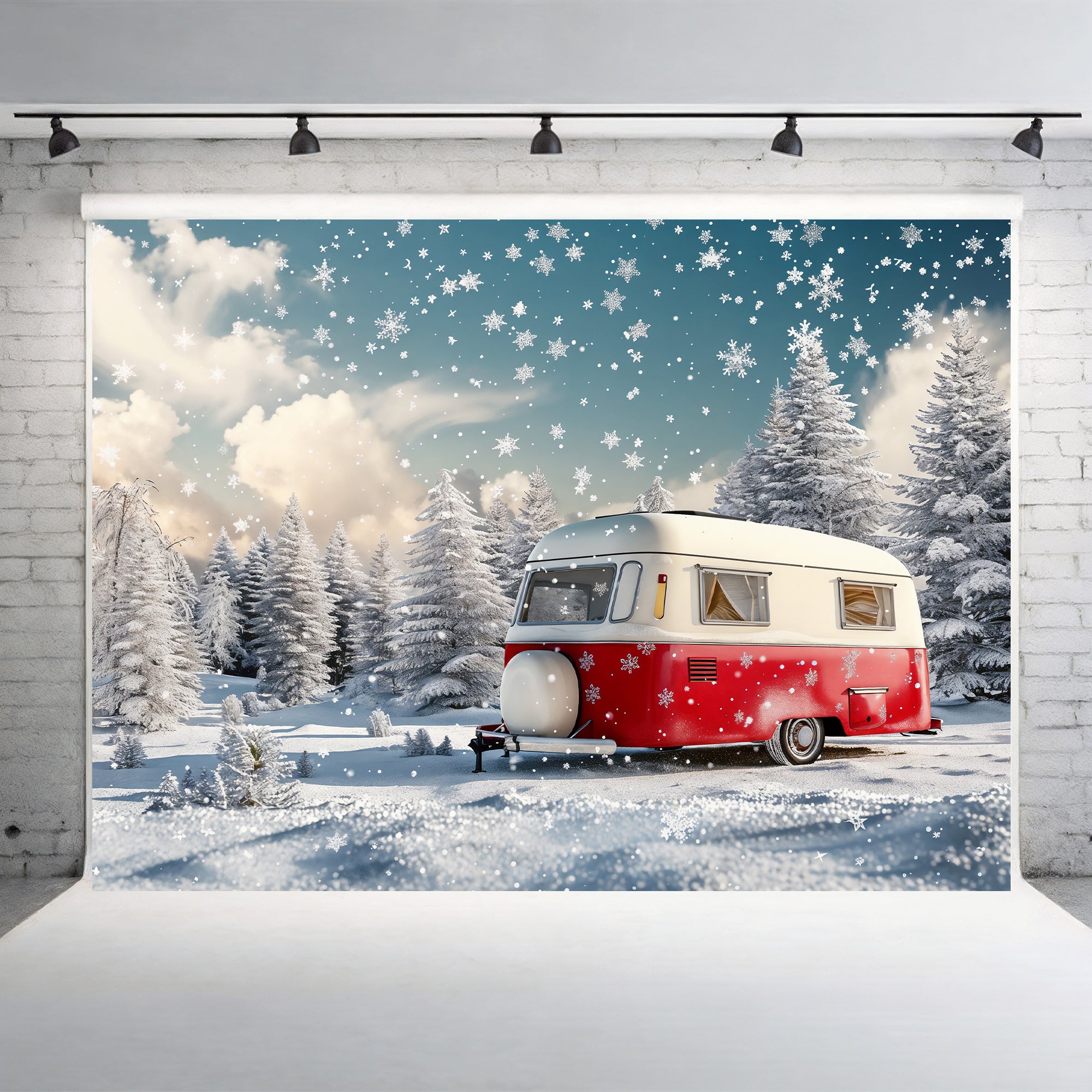 Snowy Camper Christmas Wonderland Backdrop