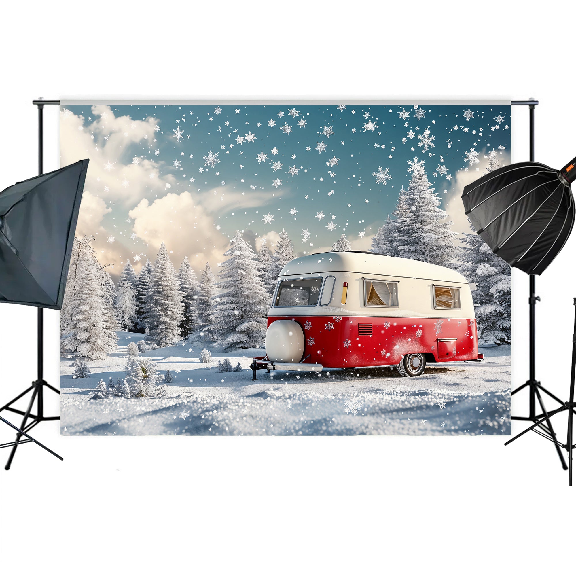 Snowy Camper Christmas Wonderland Backdrop
