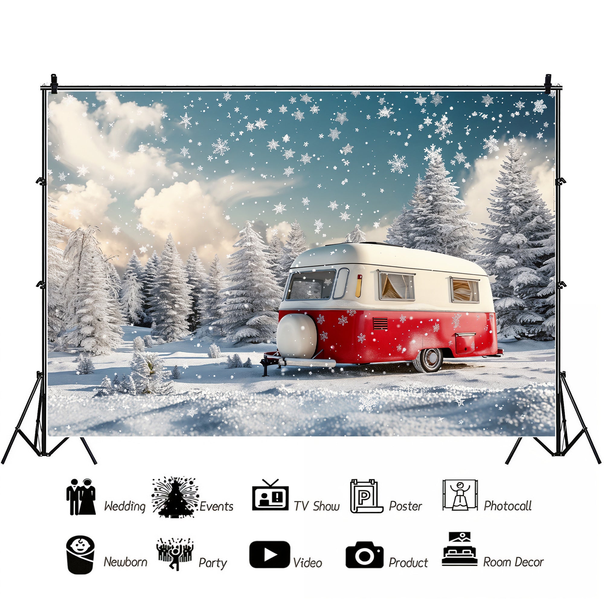 Snowy Camper Christmas Wonderland Backdrop