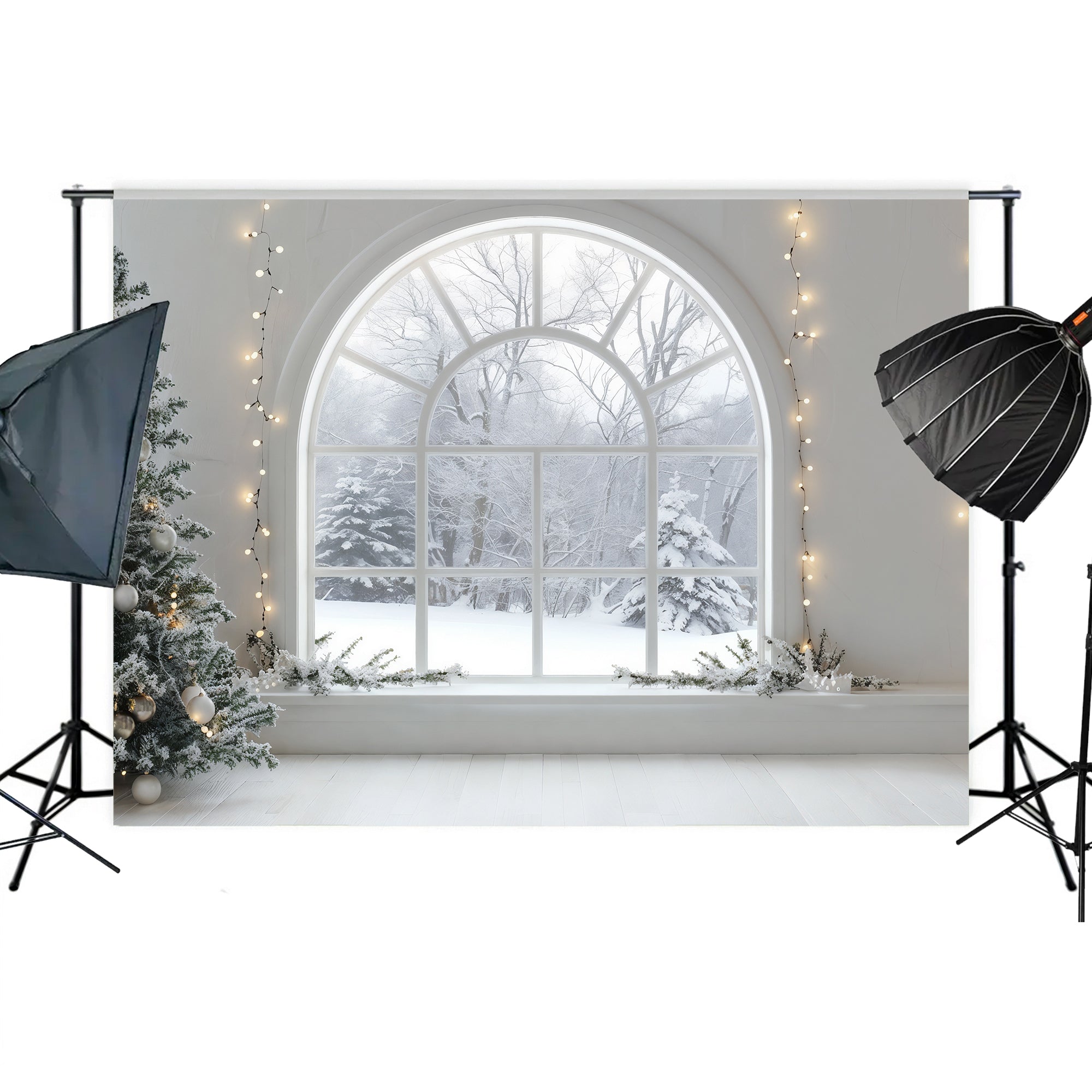 Snowy Window Christmas Scene Backdrop