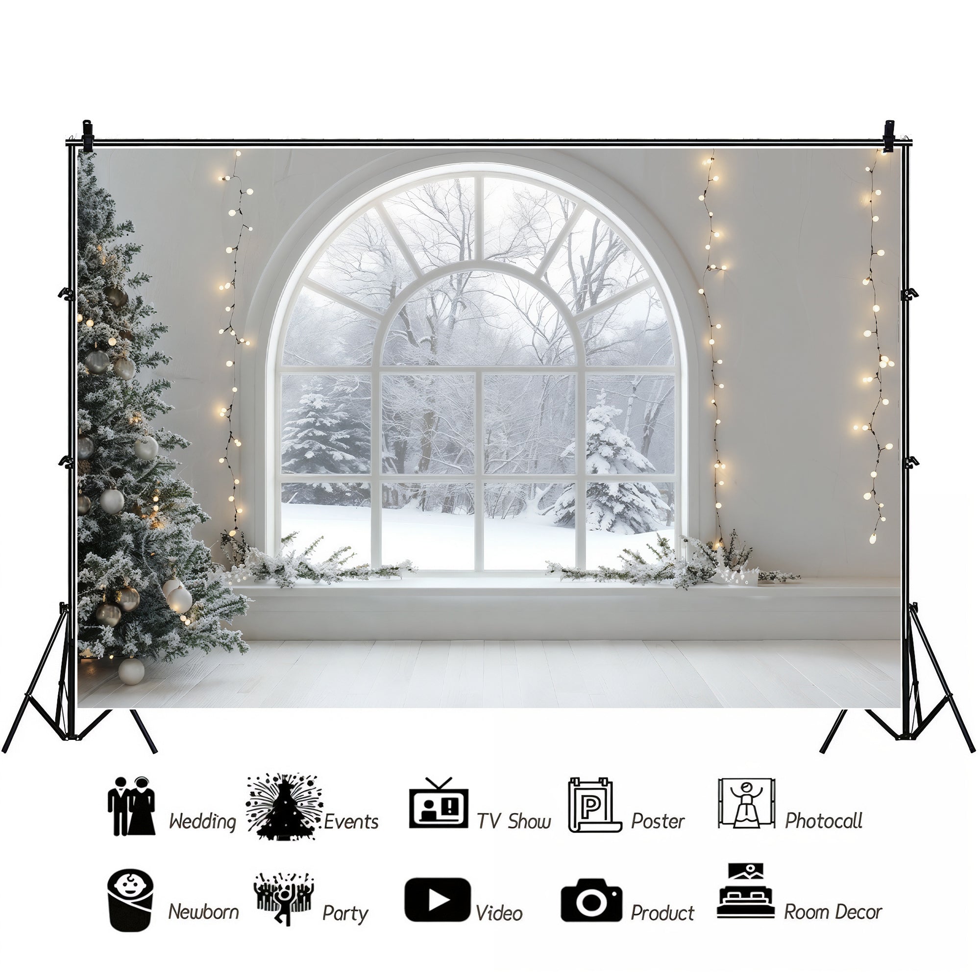 Snowy Window Christmas Scene Backdrop