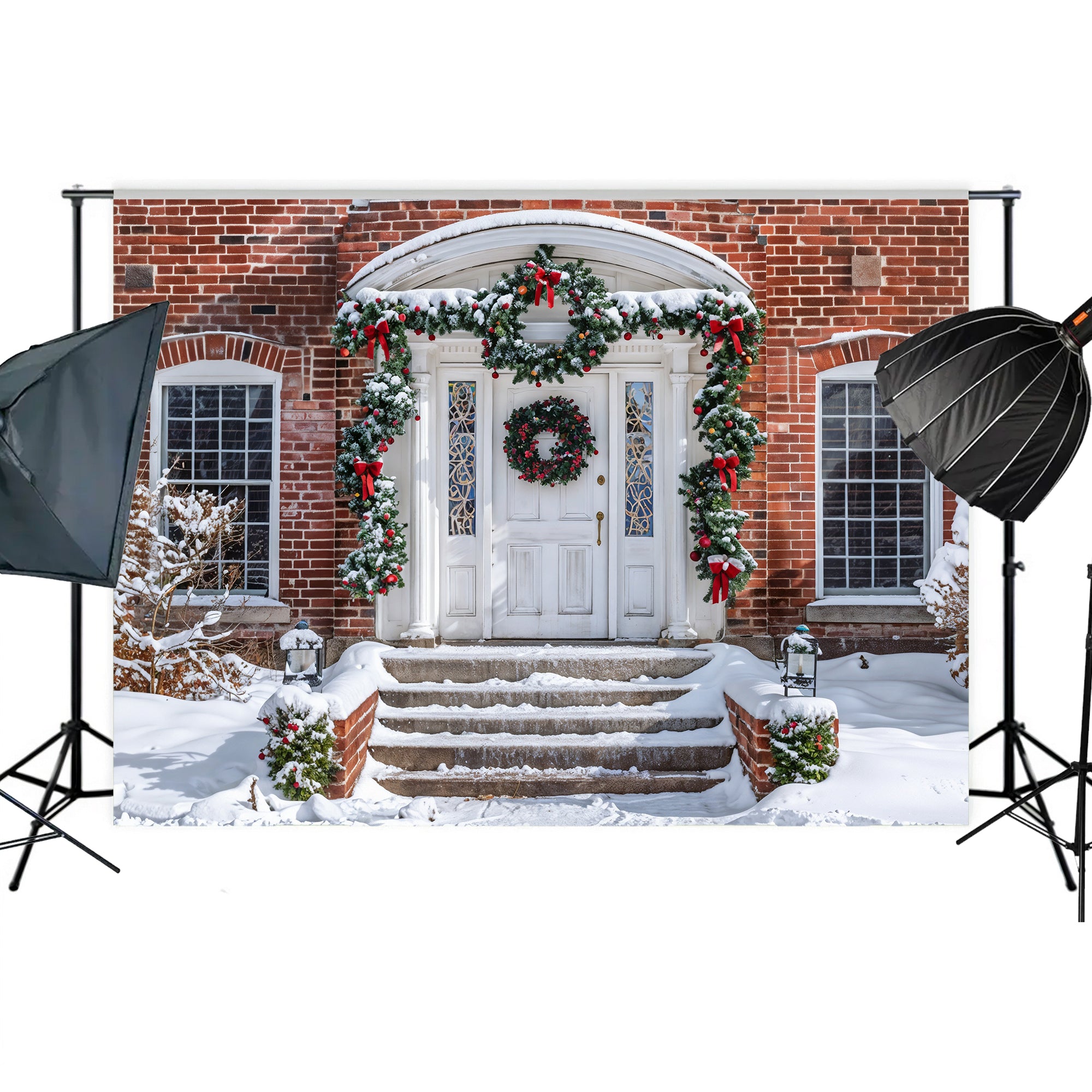Festive Brick House Entrance Backdrop