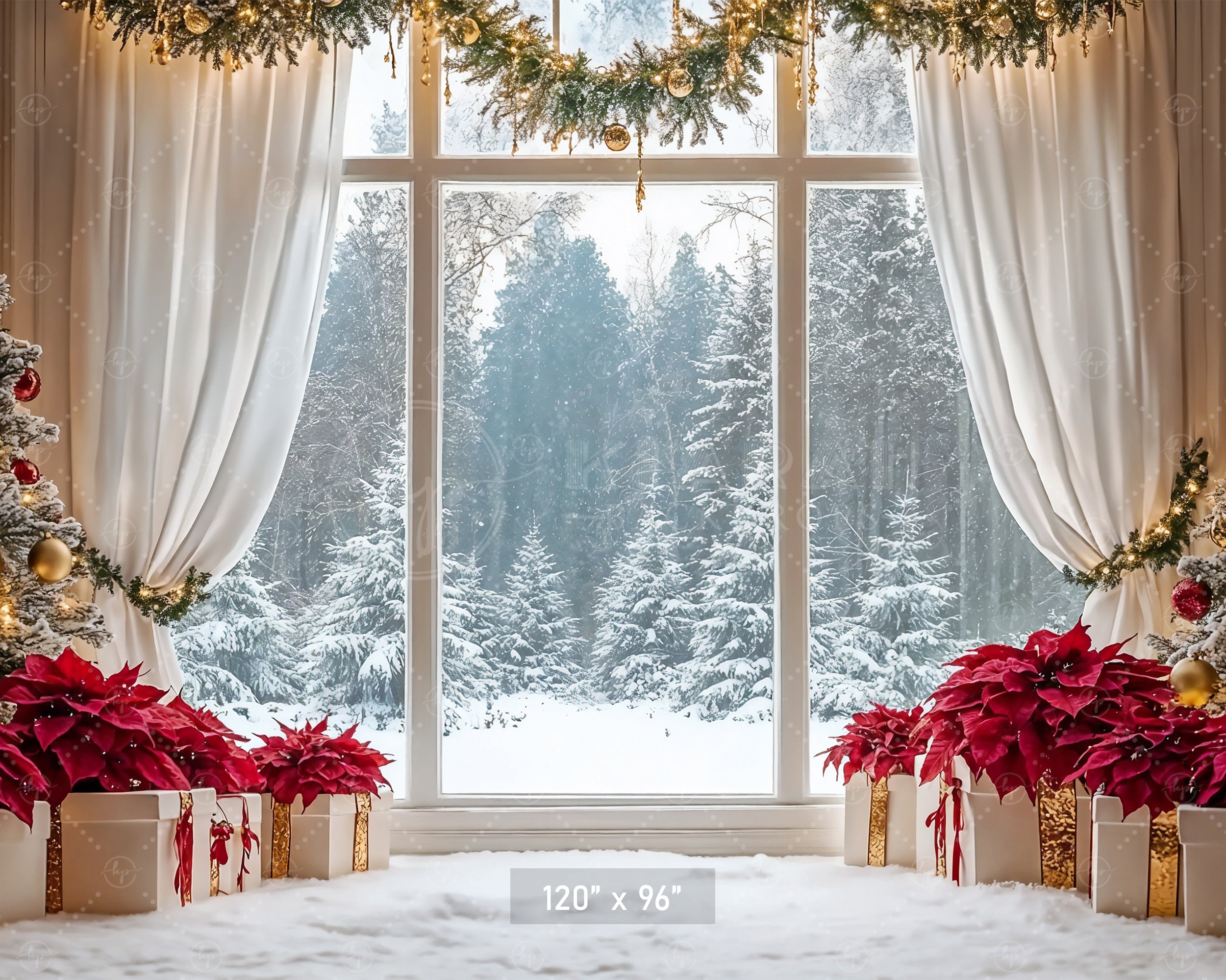 Elegant Poinsettia Christmas Window Backdrop