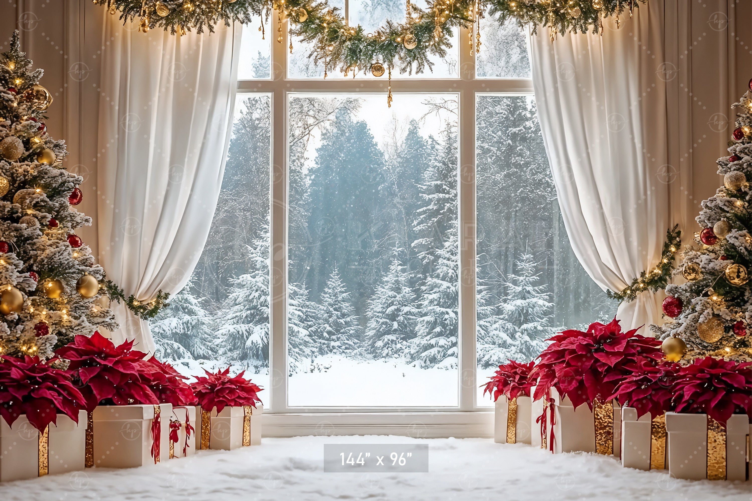Elegant Poinsettia Christmas Window Backdrop
