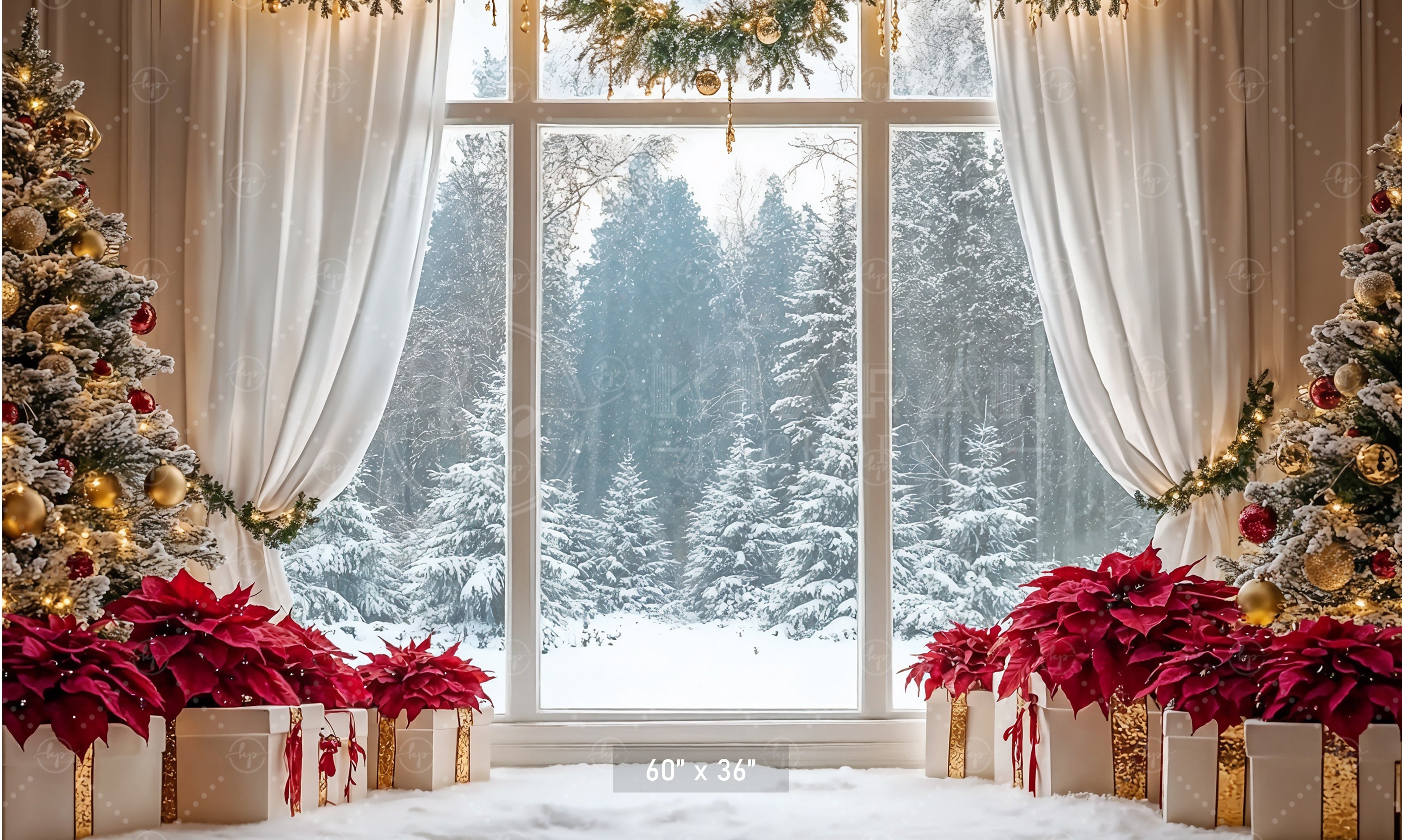 Elegant Poinsettia Christmas Window Backdrop