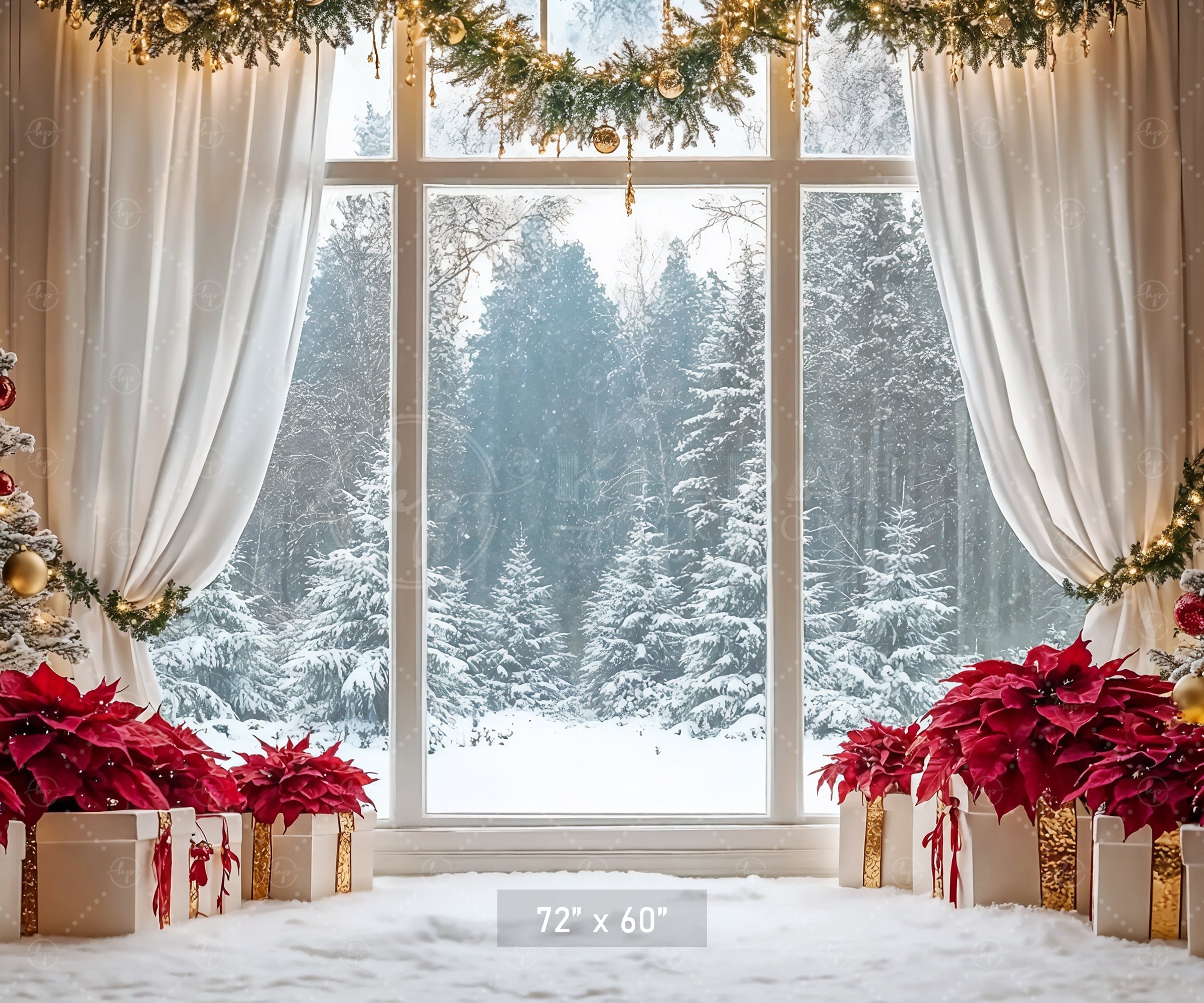 Elegant Poinsettia Christmas Window Backdrop