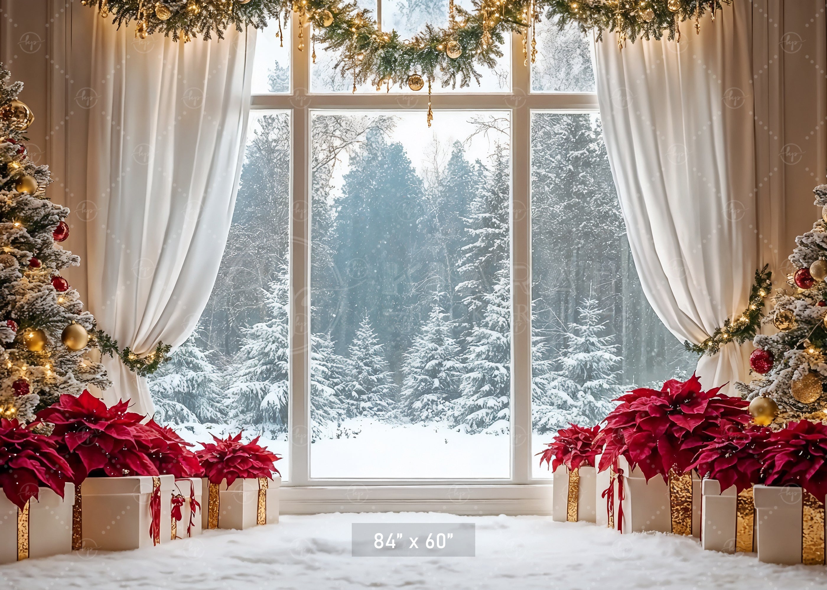 Elegant Poinsettia Christmas Window Backdrop