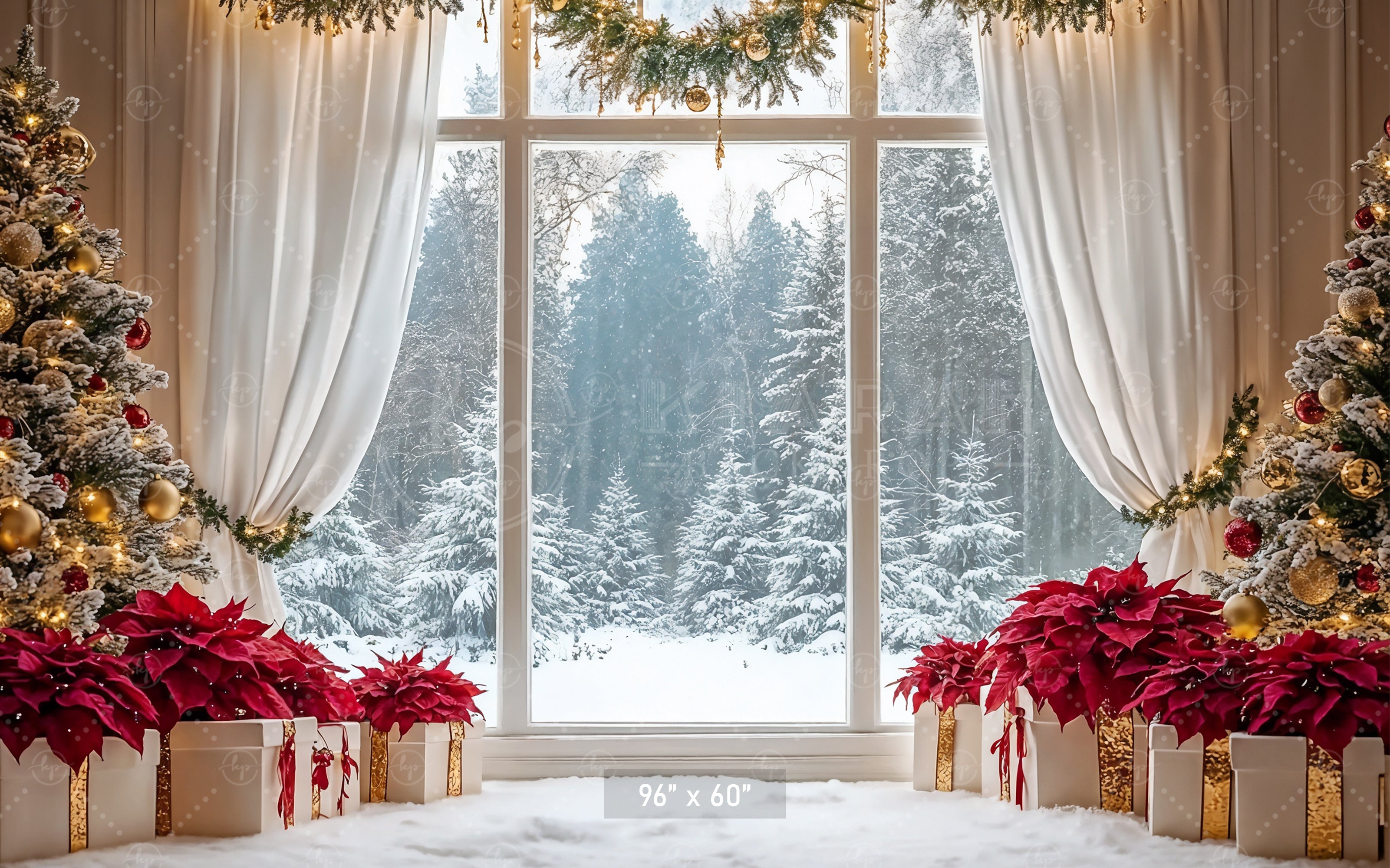 Elegant Poinsettia Christmas Window Backdrop