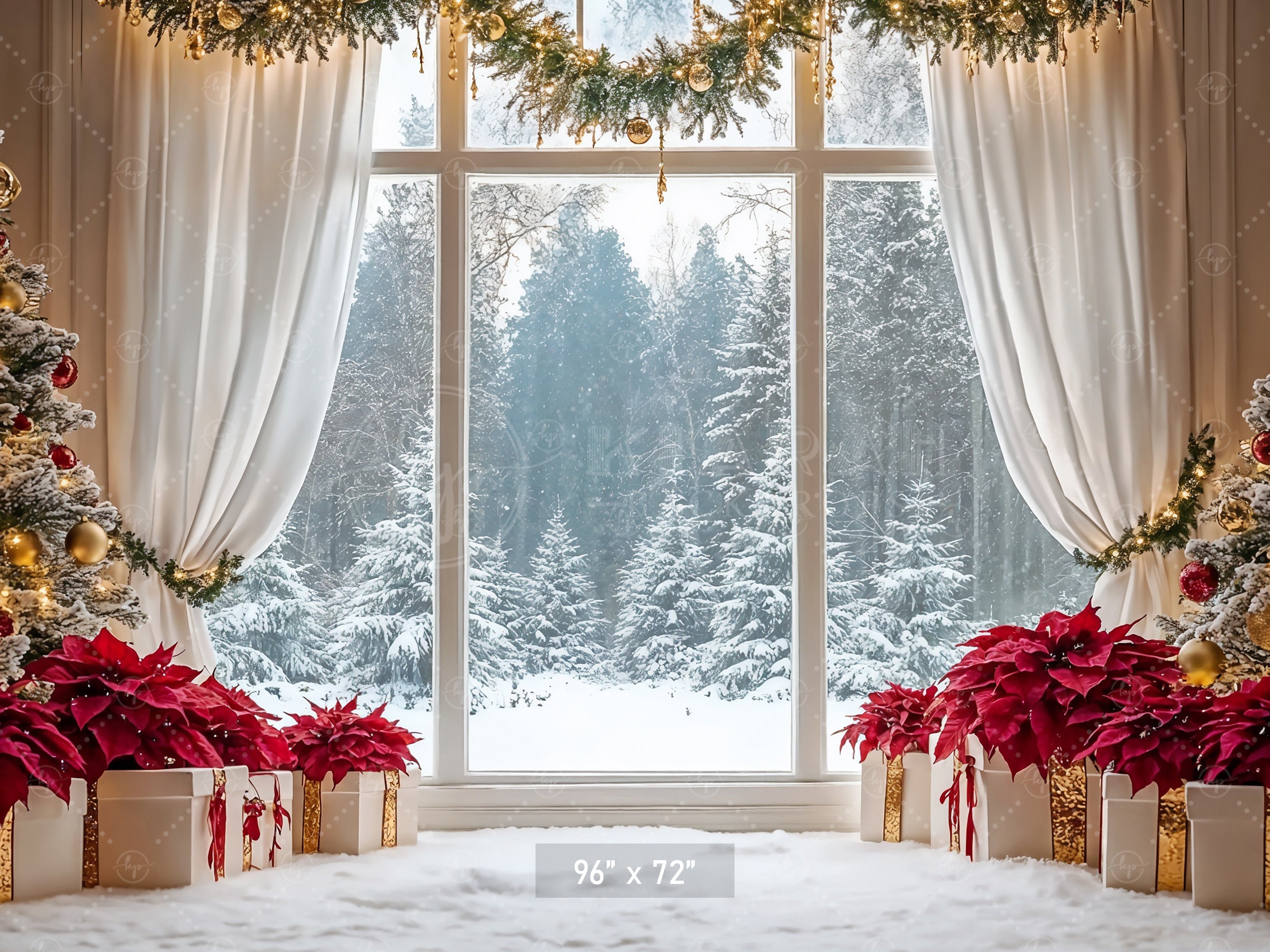 Elegant Poinsettia Christmas Window Backdrop