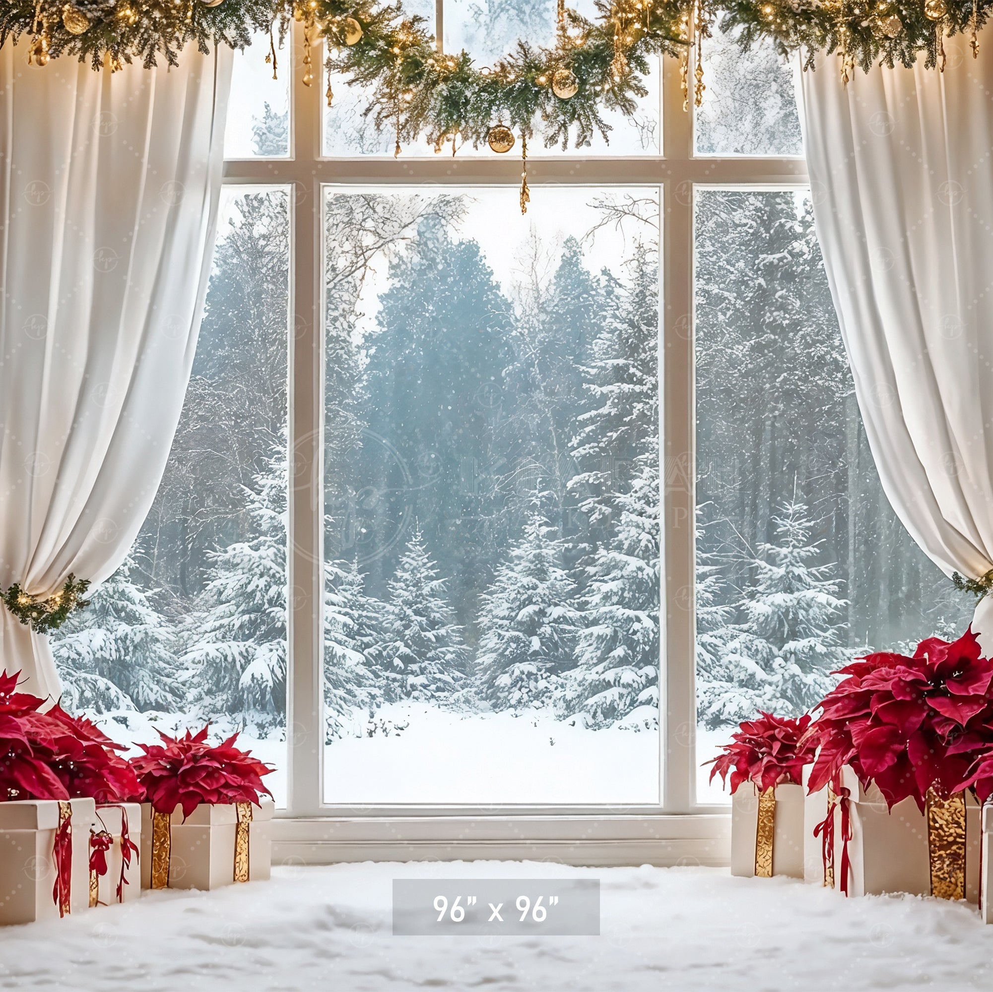 Elegant Poinsettia Christmas Window Backdrop