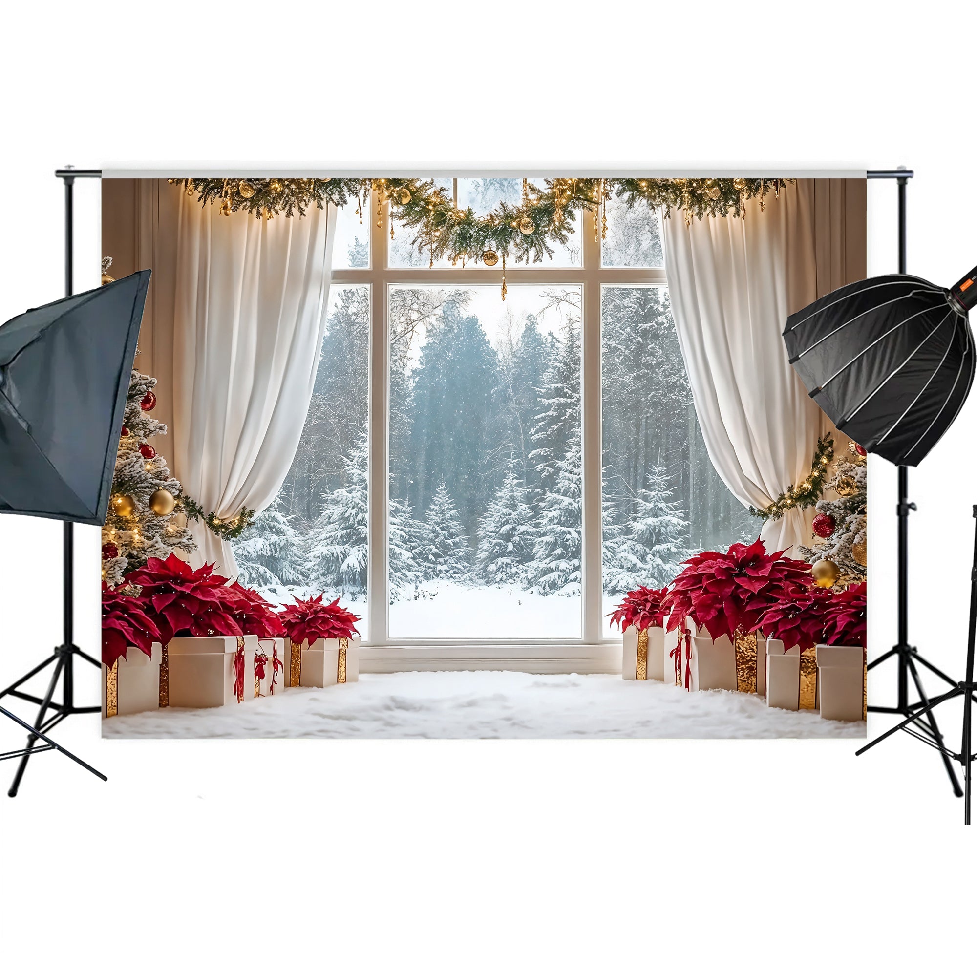 Elegant Poinsettia Christmas Window Backdrop