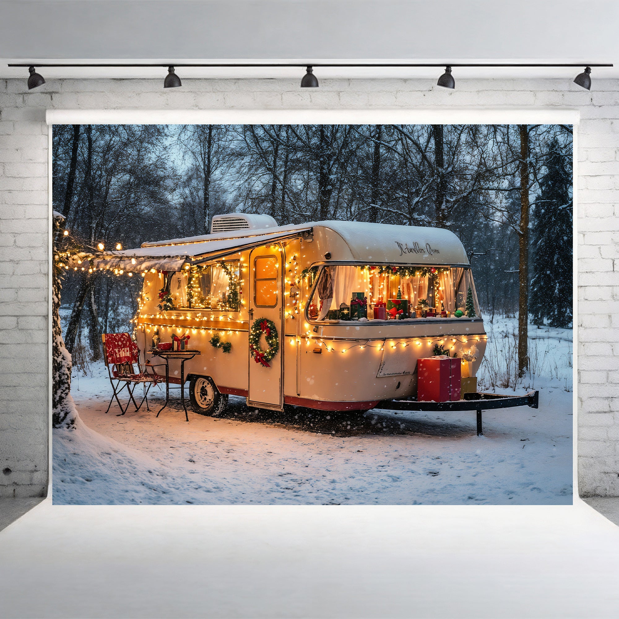 Cozy Christmas Camper Backdrop