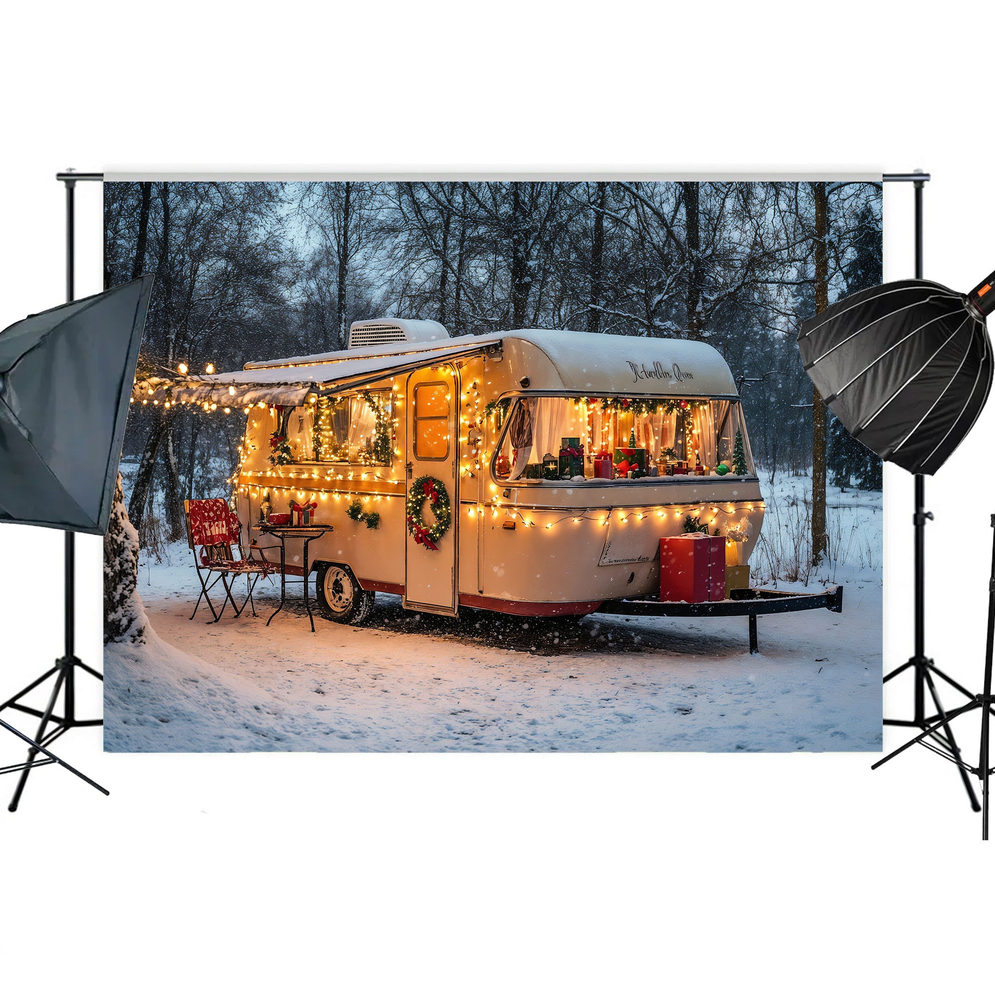 Cozy Christmas Camper Backdrop
