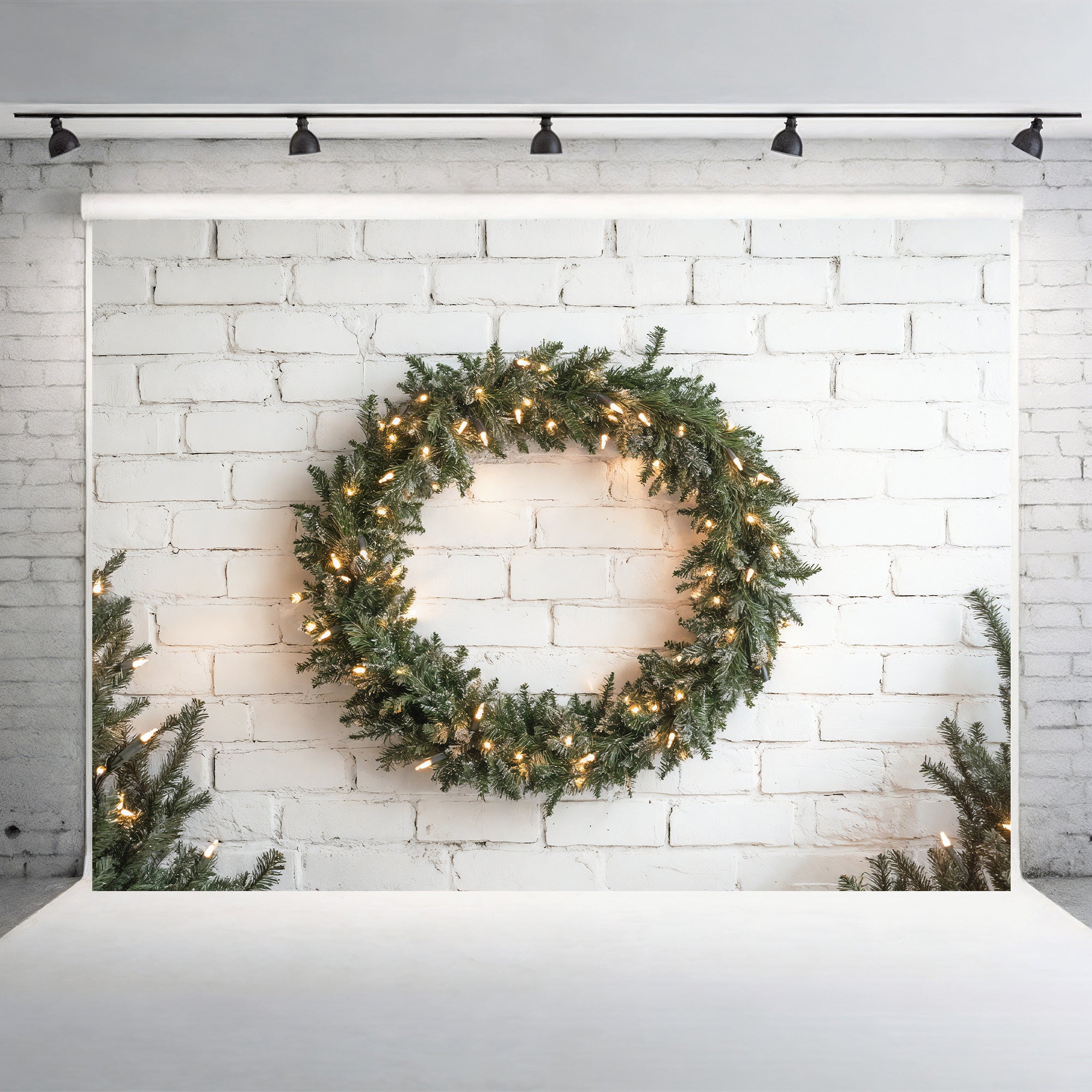 Lighted Wreath on White Brick Backdrop