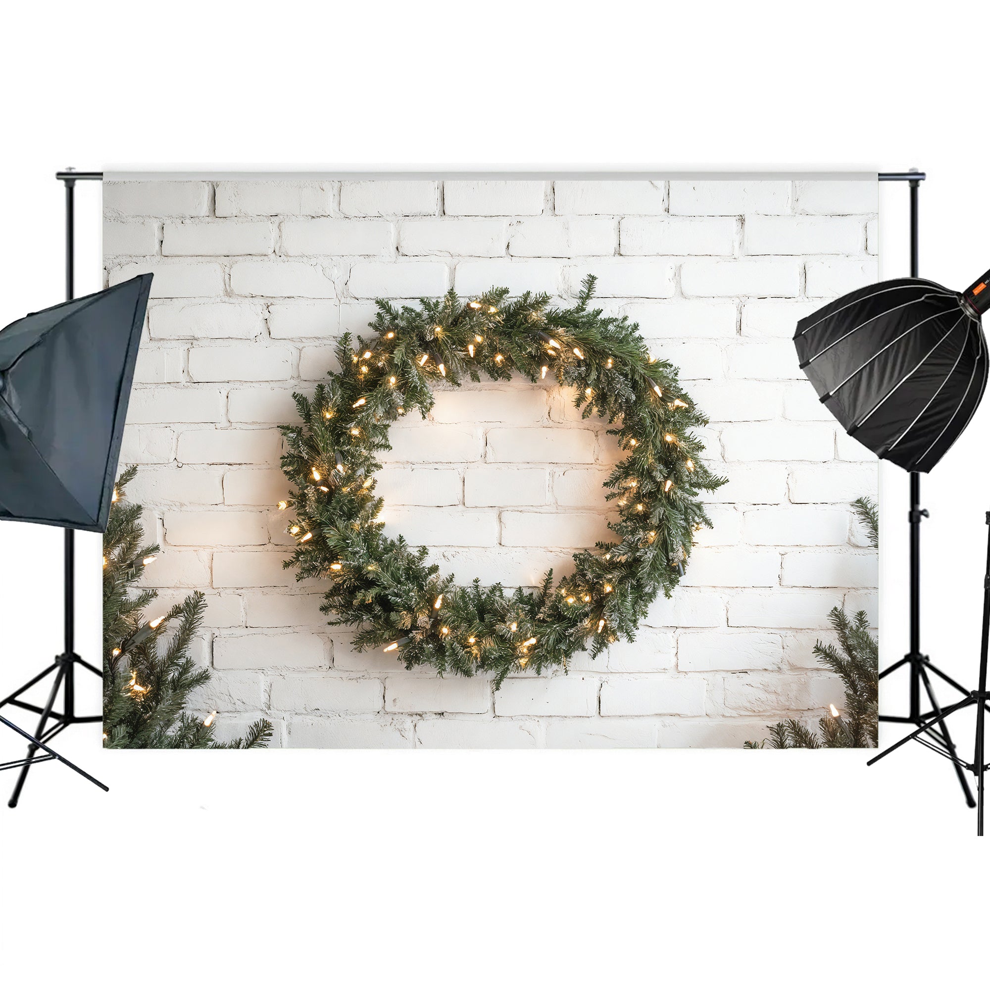 Lighted Wreath on White Brick Backdrop