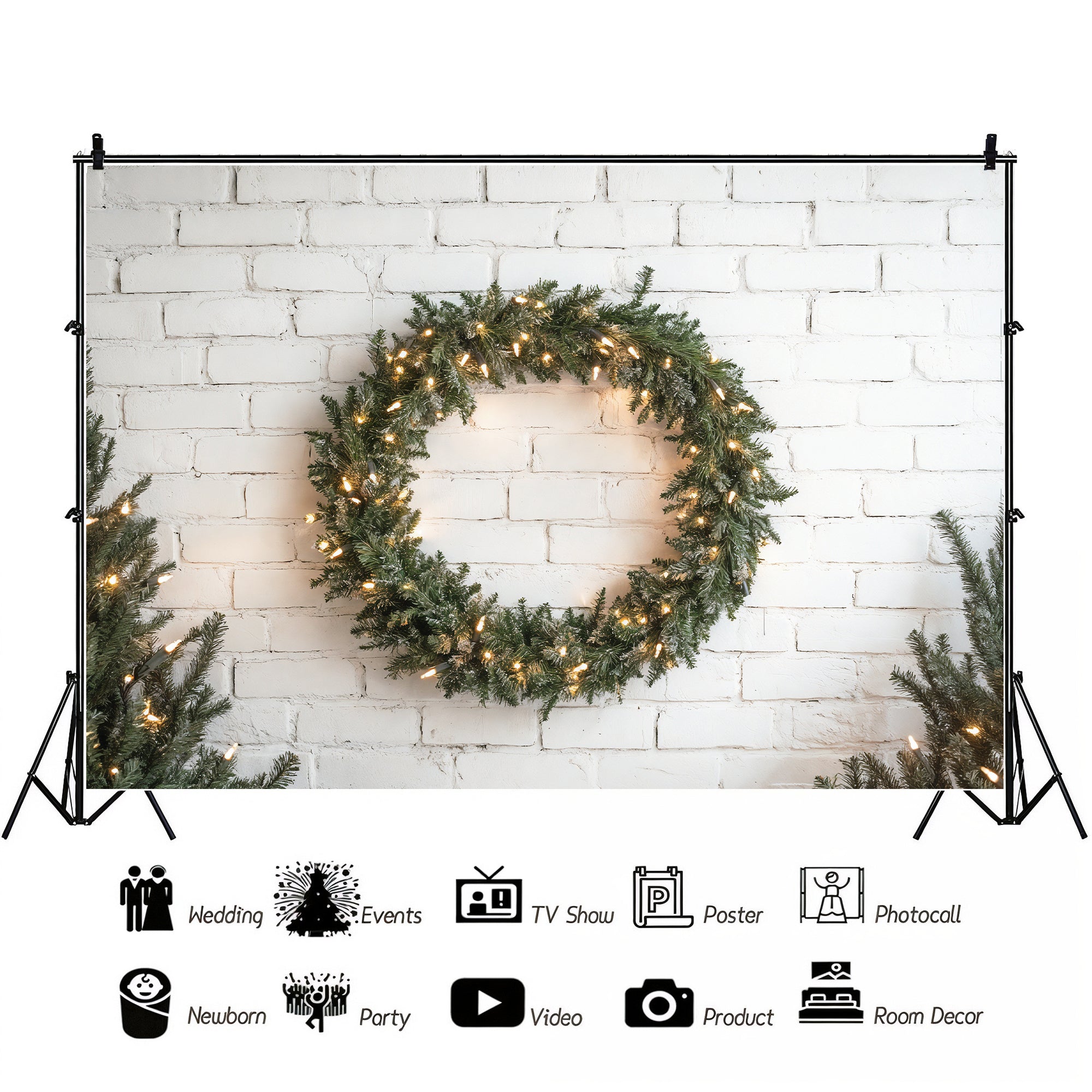 Lighted Wreath on White Brick Backdrop