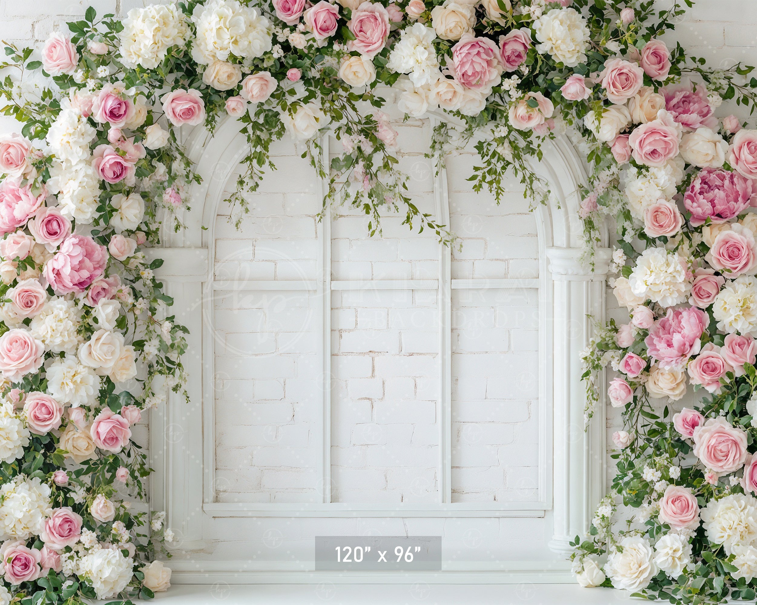 White Brick Window Floral Arch Backdrop