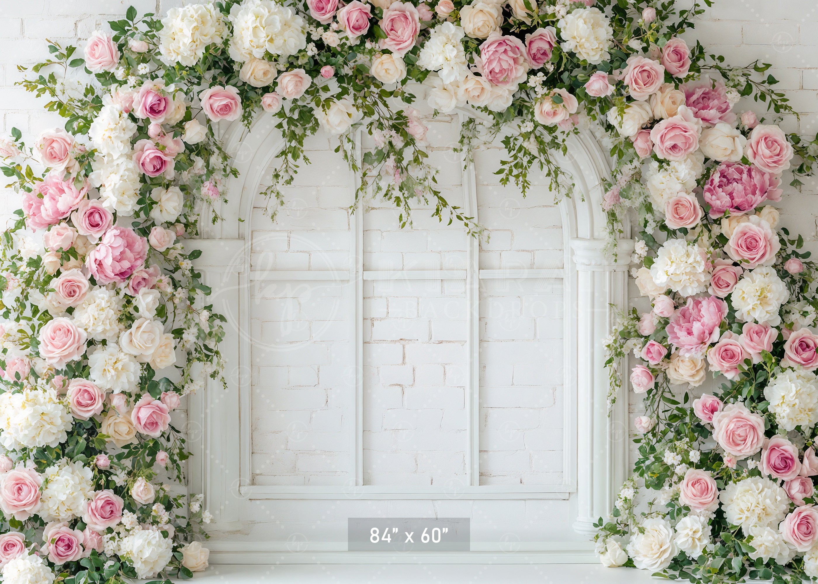 White Brick Window Floral Arch Backdrop