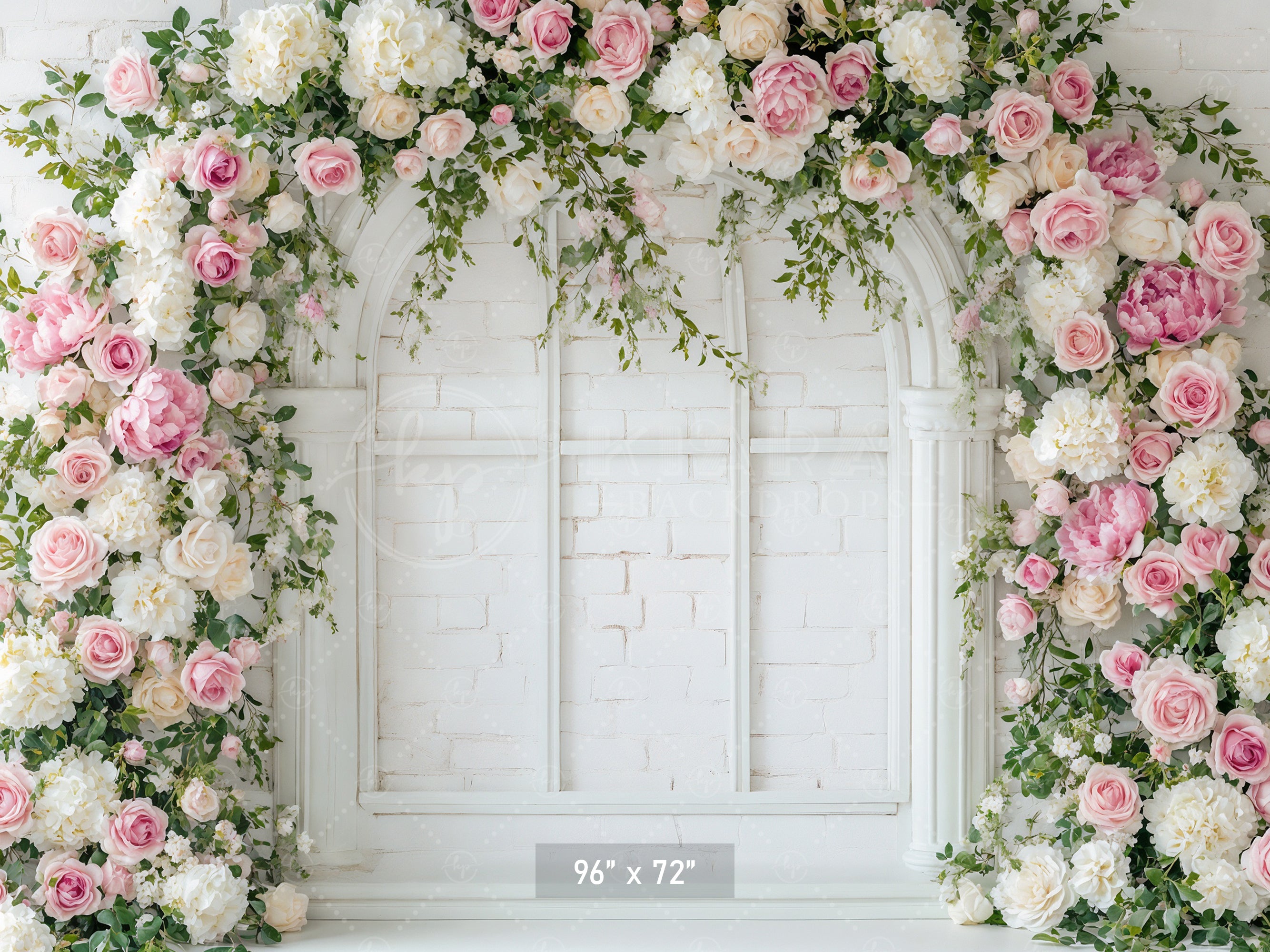 White Brick Window Floral Arch Backdrop