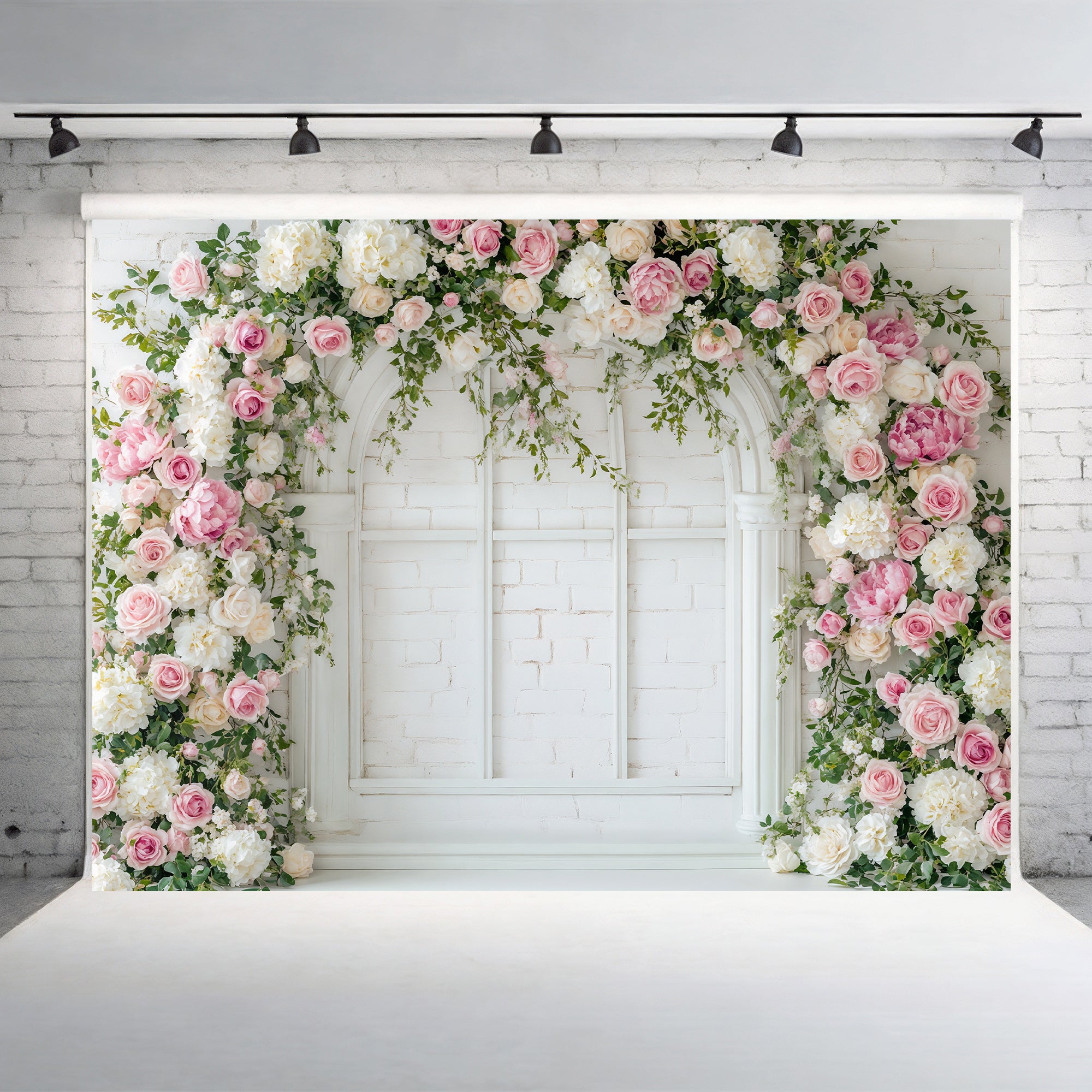 White Brick Window Floral Arch Backdrop