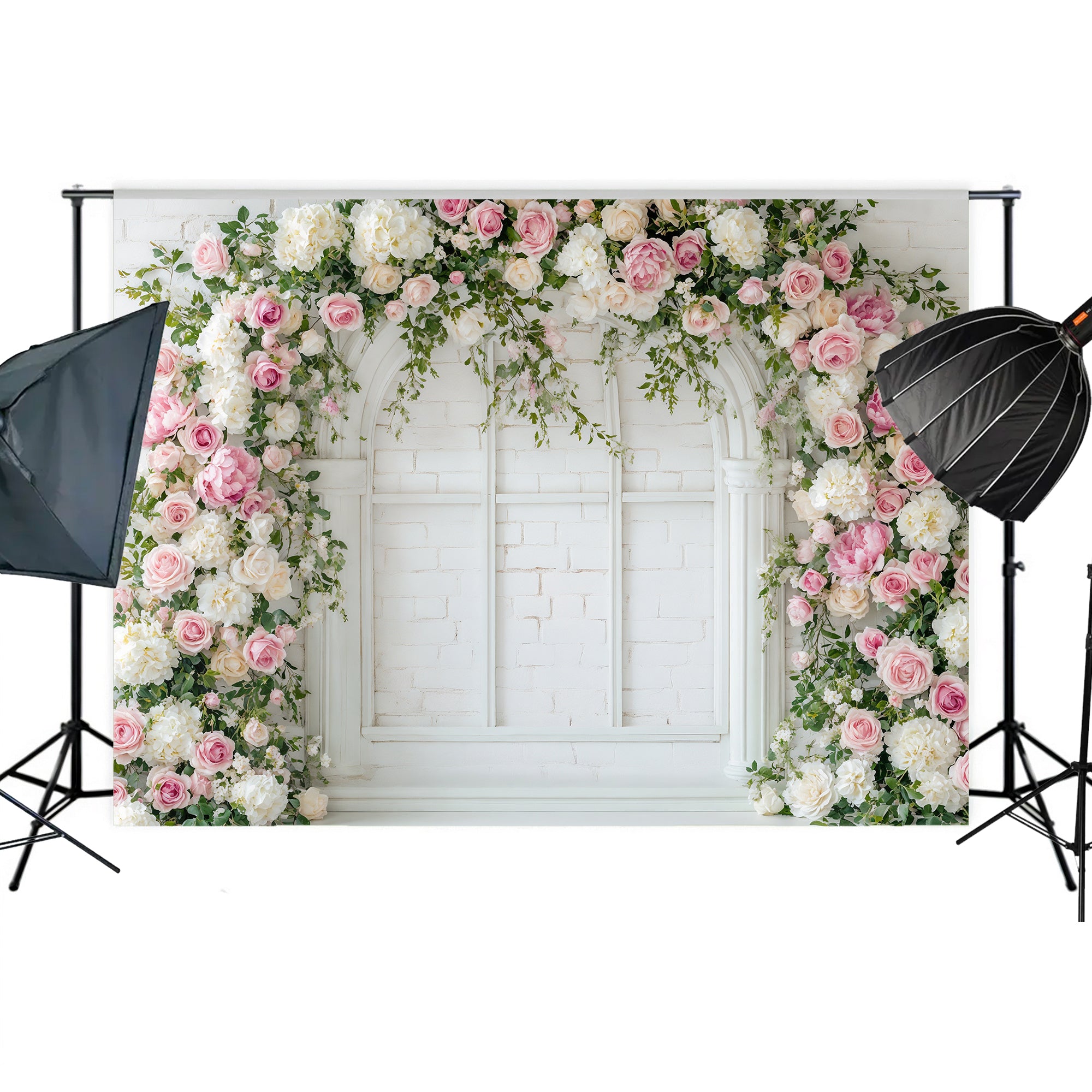 White Brick Window Floral Arch Backdrop