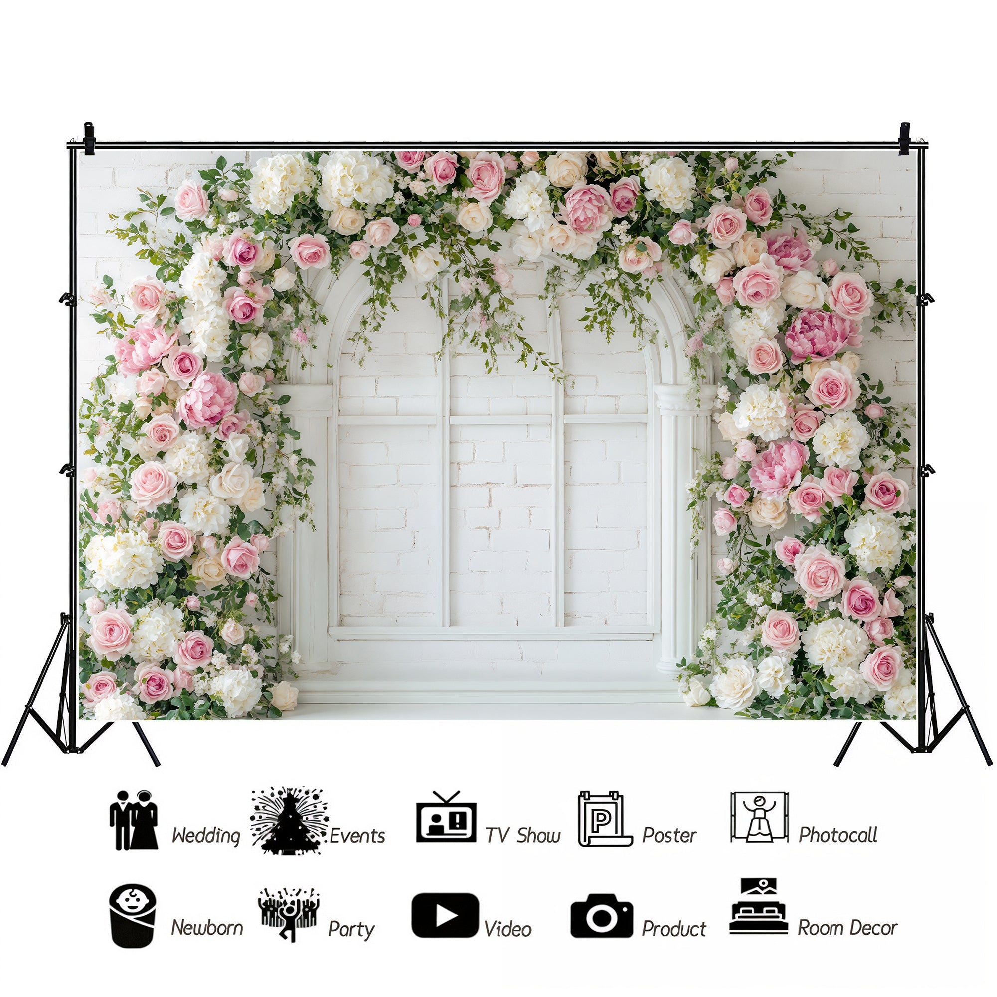 White Brick Window Floral Arch Backdrop