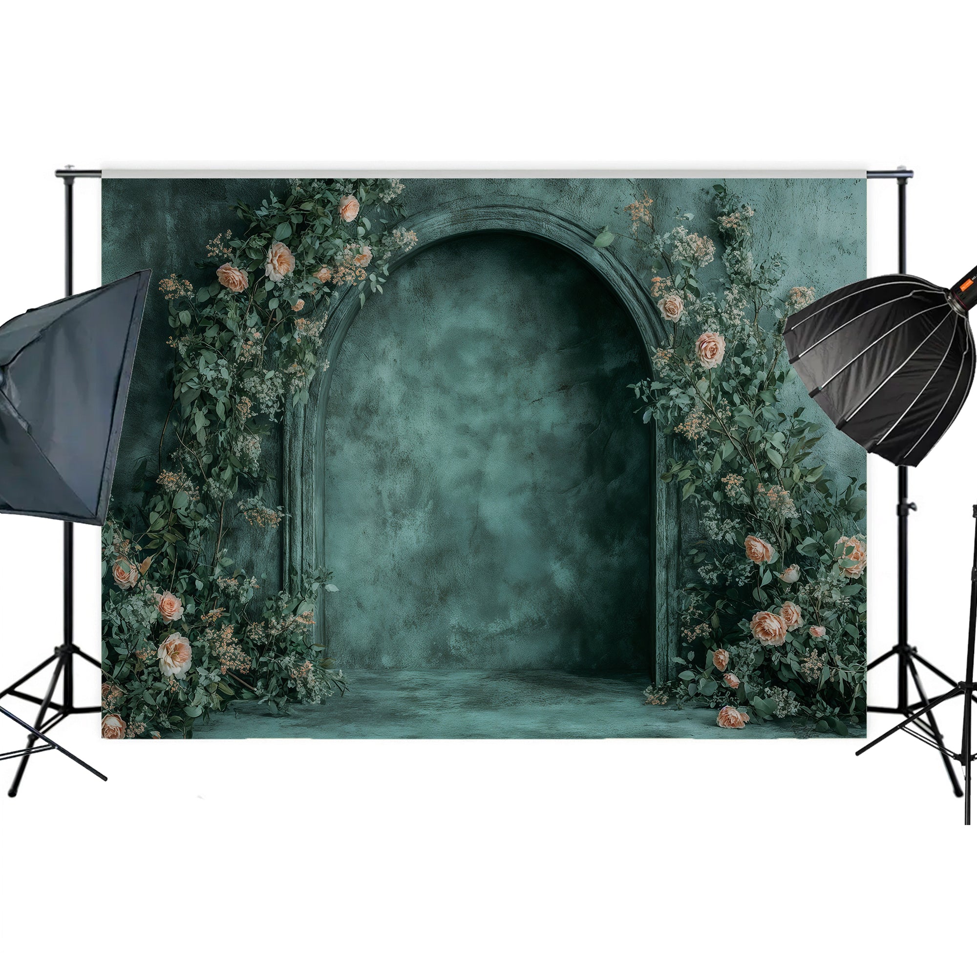 Moody Teal Arch with Roses Backdrop