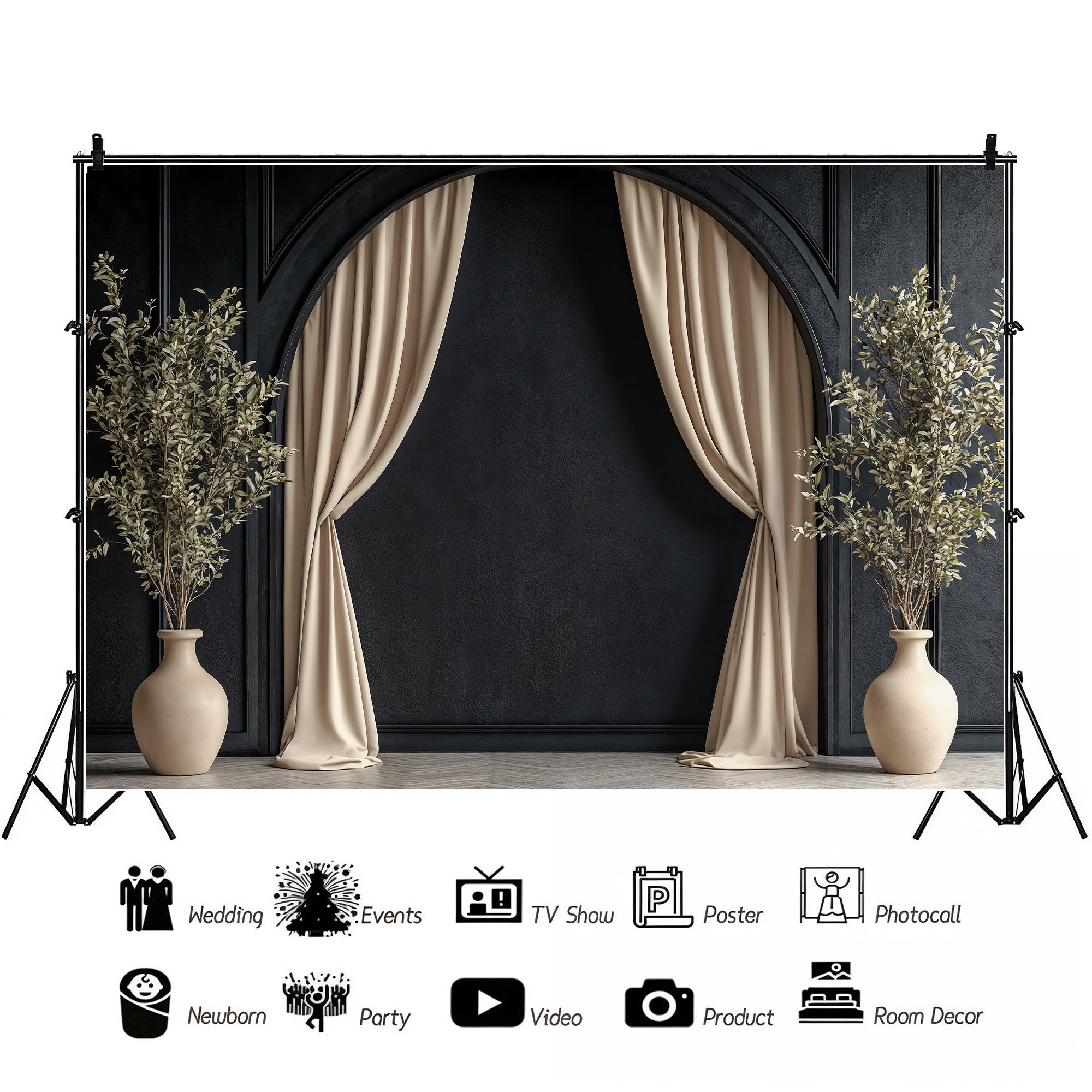 Modern Black Arch with Olive Branches Backdrop