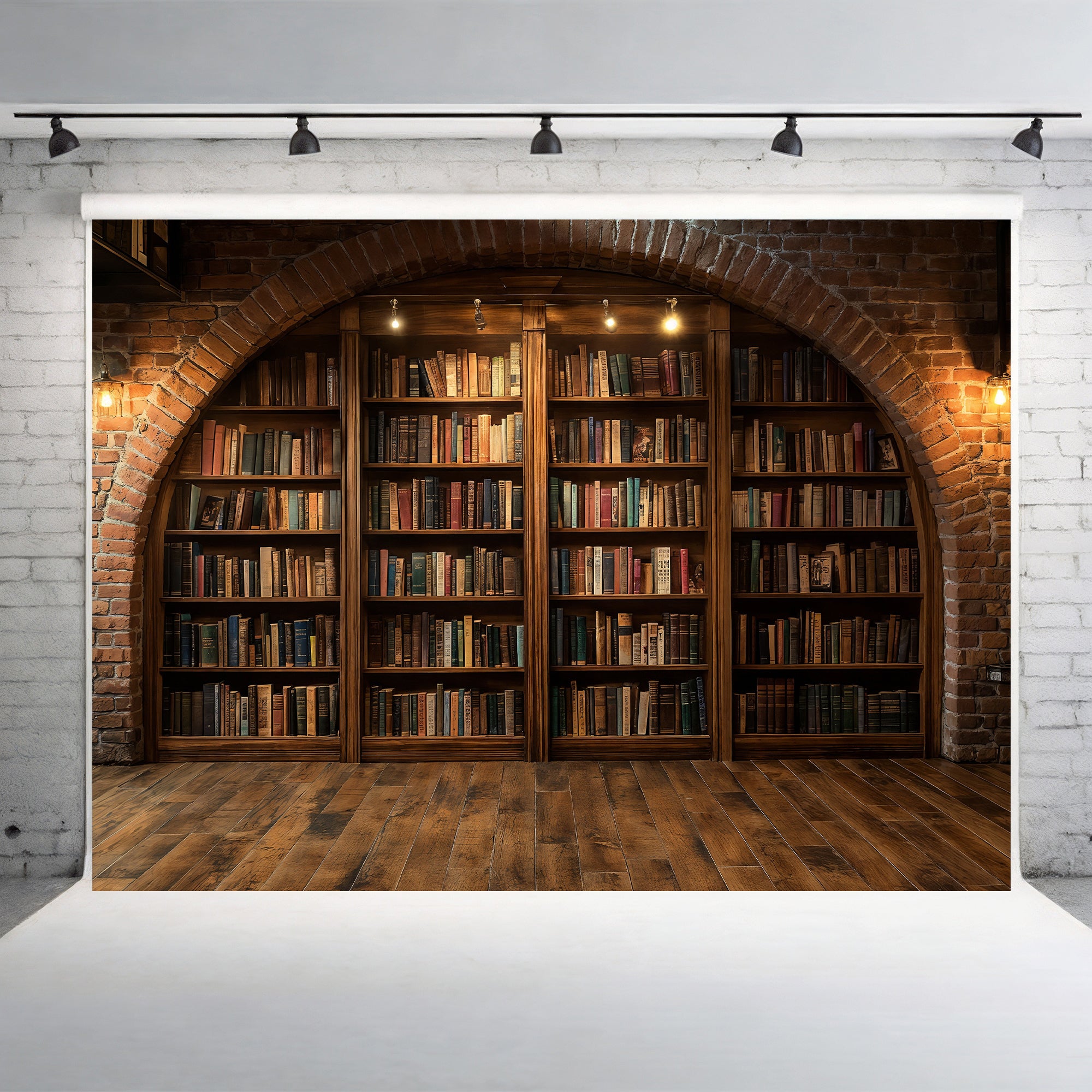 Brick Arch Bookshelf Nook Backdrop
